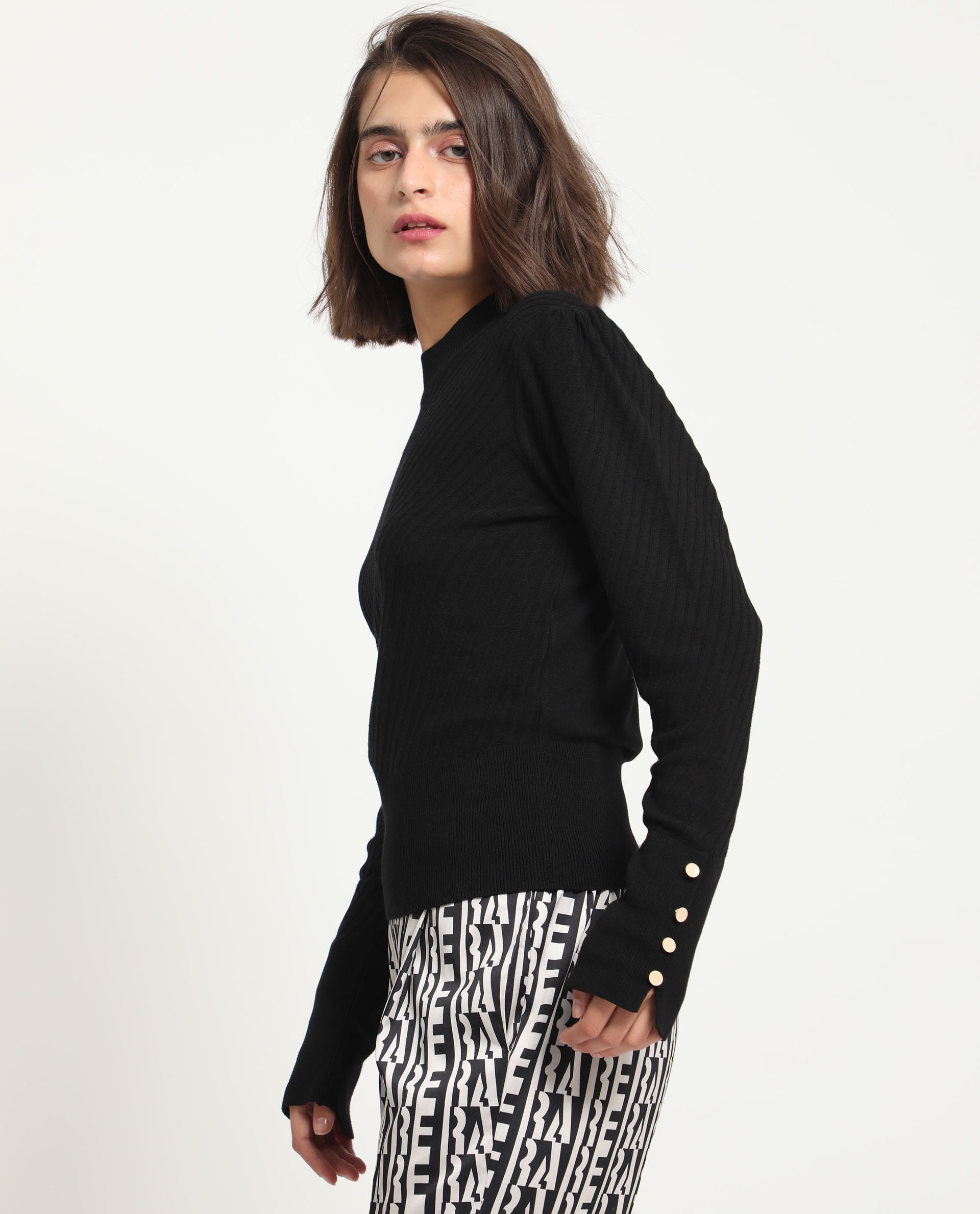 Rareism Women's Fischer Black Viscose High Neck Plain Regular Fit Sweater
