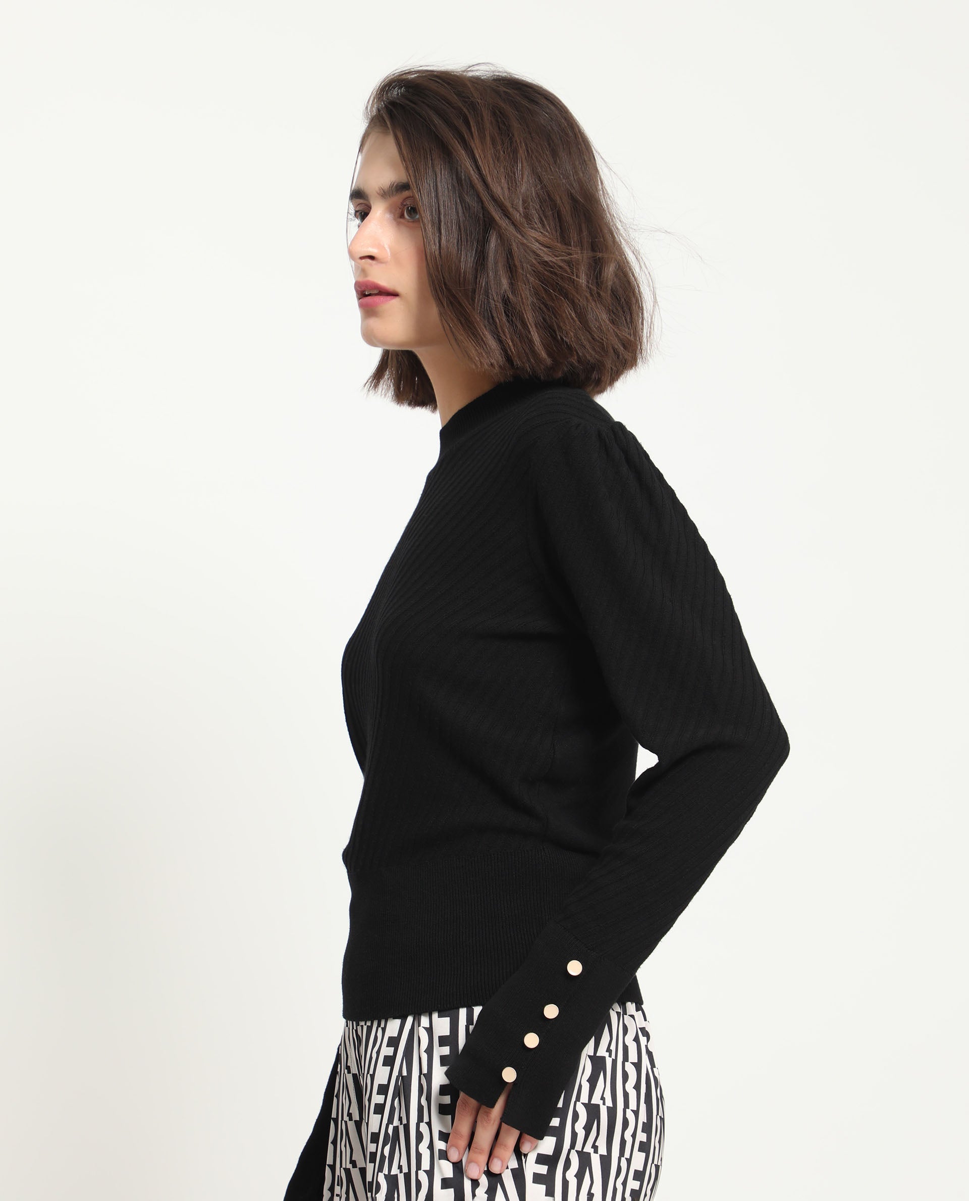 Rareism Women's Fischer Black Viscose High Neck Plain Regular Fit Sweater