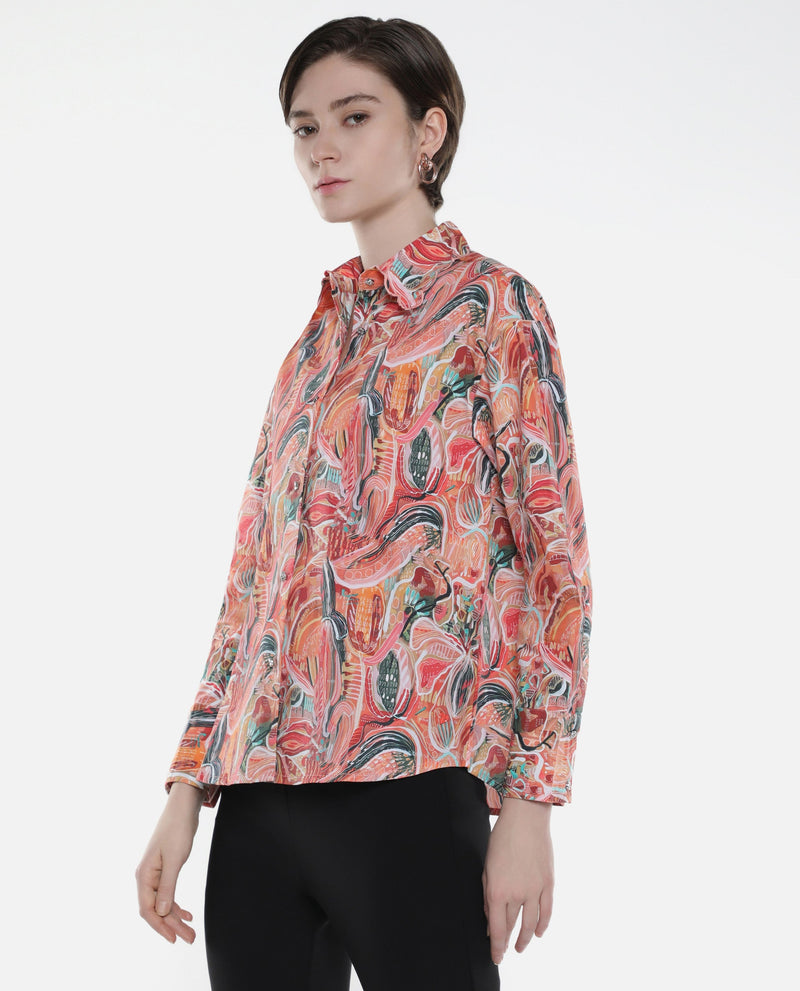 Rareism Women Fitte Multi Cuffed Sleeves Collared Neck Button Closure Abstract Print Shirt