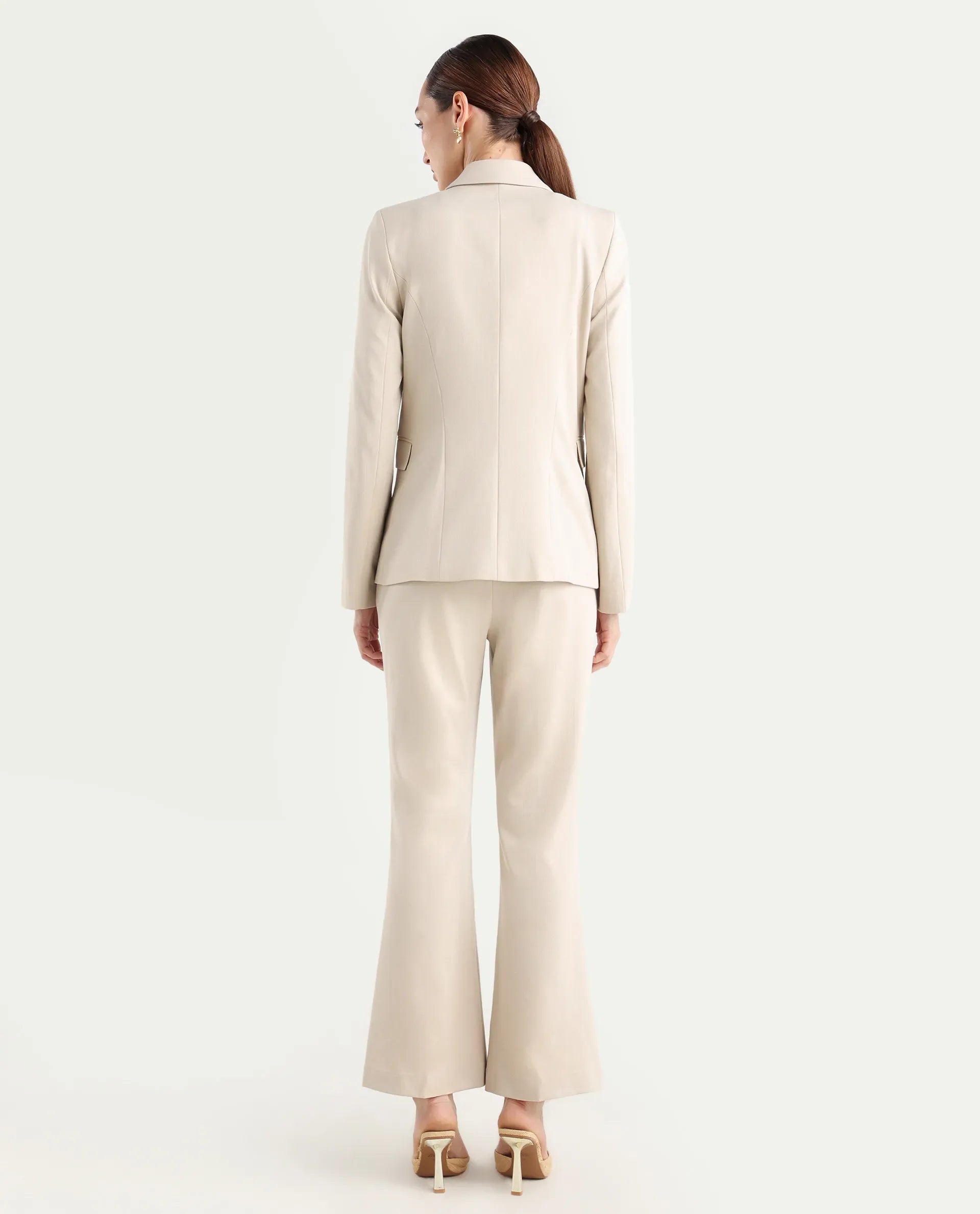 Rareism Women's Flare Beige Polyester Blend Bootcut Ankle Length Plain Travel Trouser