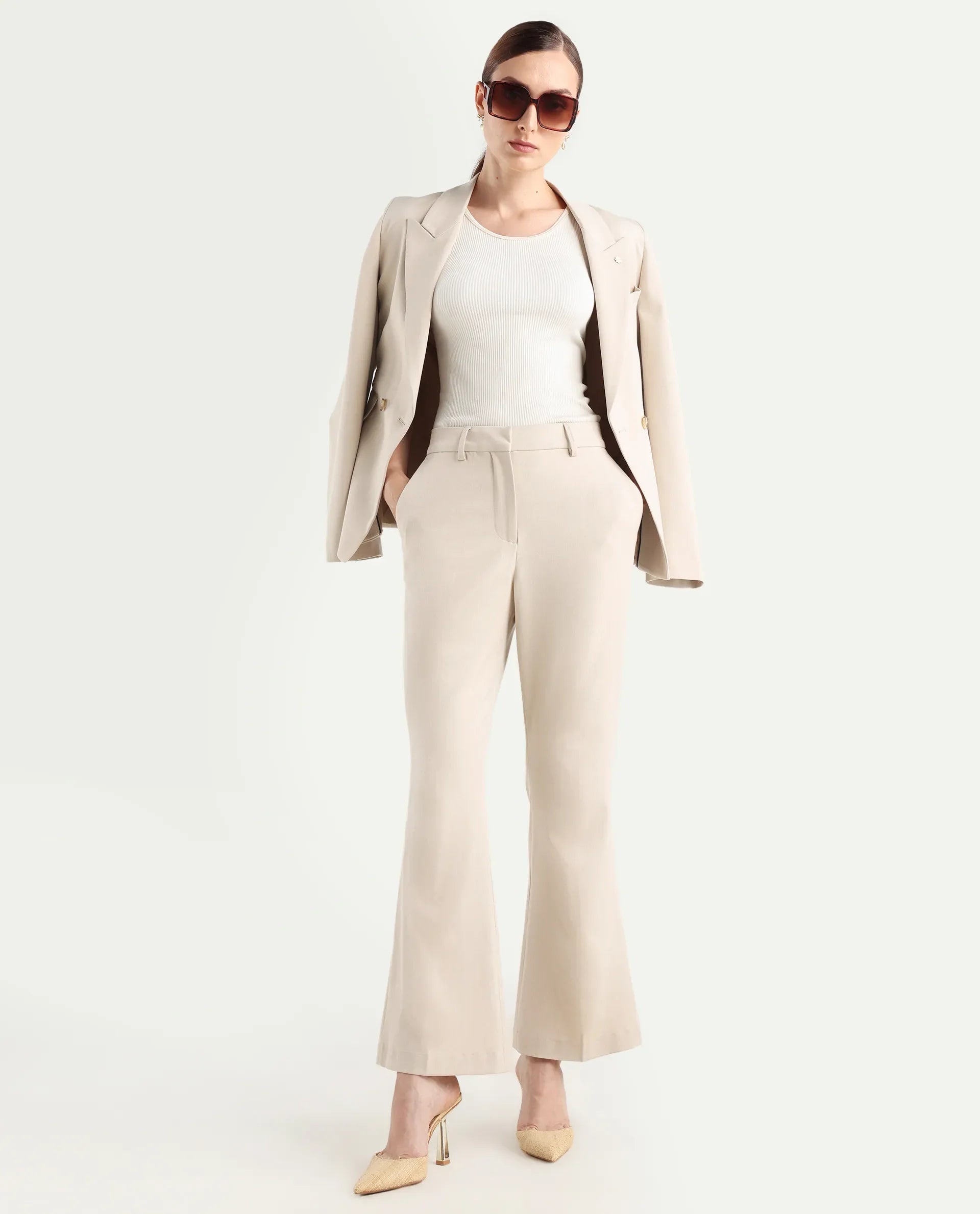 Rareism Women's Flare Beige Polyester Blend Bootcut Ankle Length Plain Travel Trouser