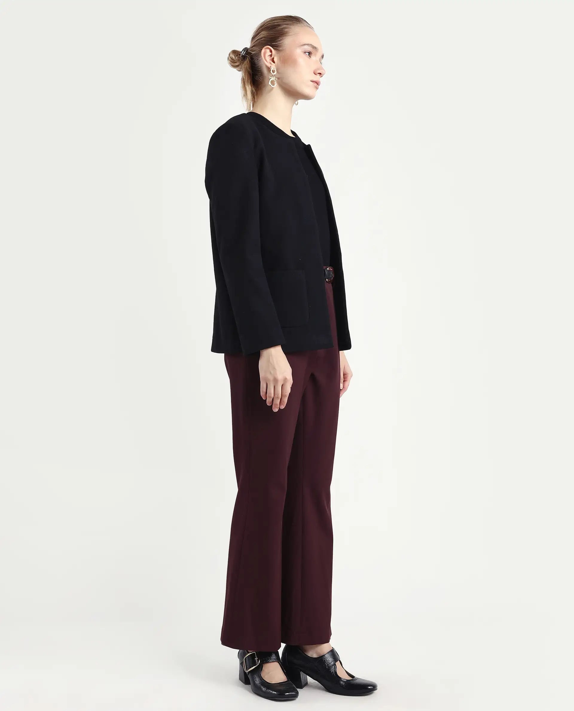 Rareism Women's Flare Deep Red Polyester Blend Bootcut Ankle Length Plain Travel Trouser