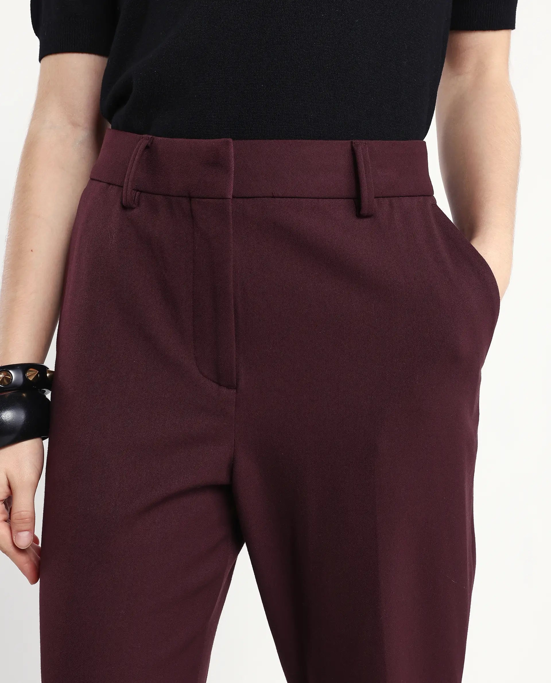 Rareism Women's Flare Deep Red Polyester Blend Bootcut Ankle Length Plain Travel Trouser