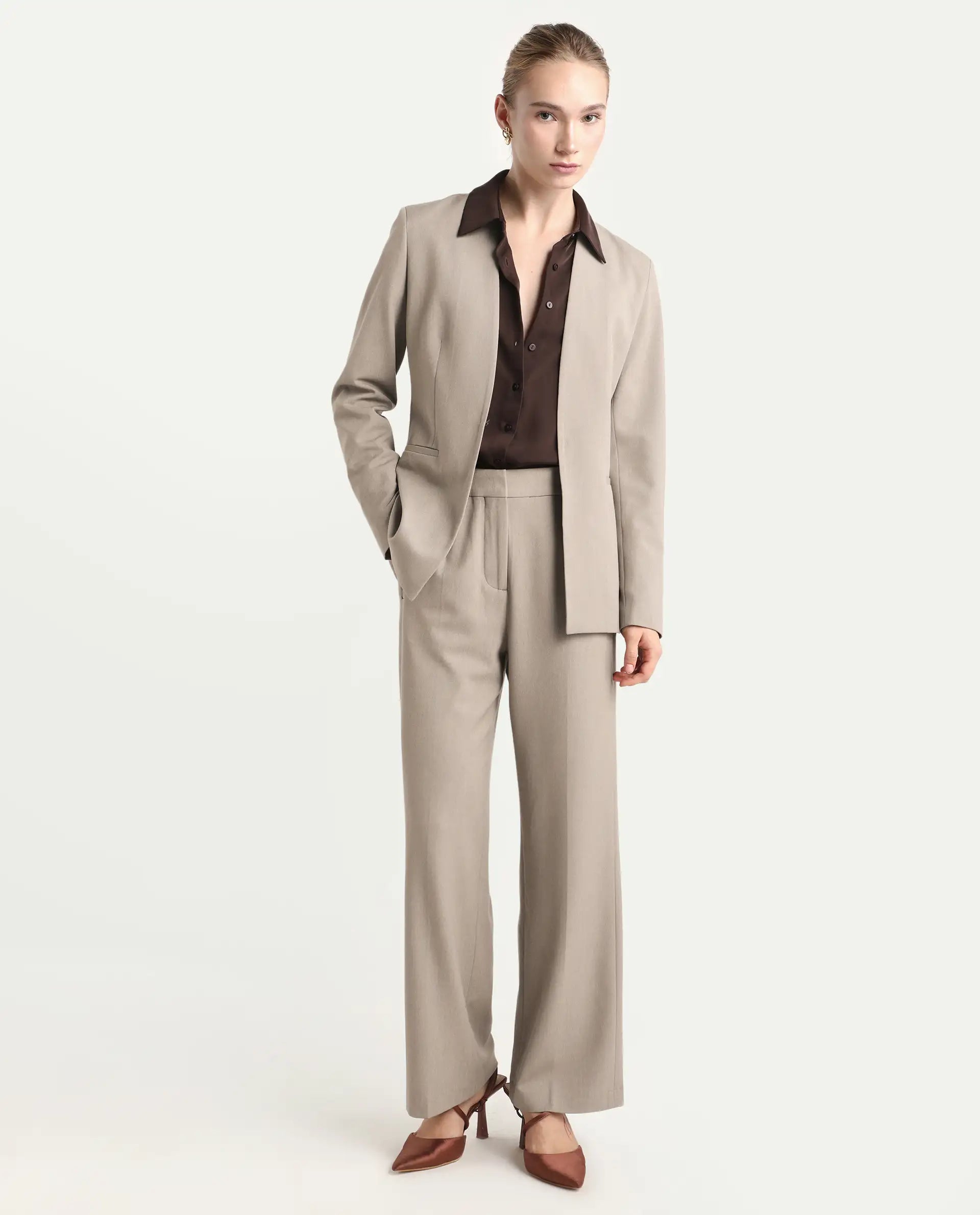 Rareism Women's Flare Fawn Polyester Blend Bootcut Ankle Length Plain Travel Trouser