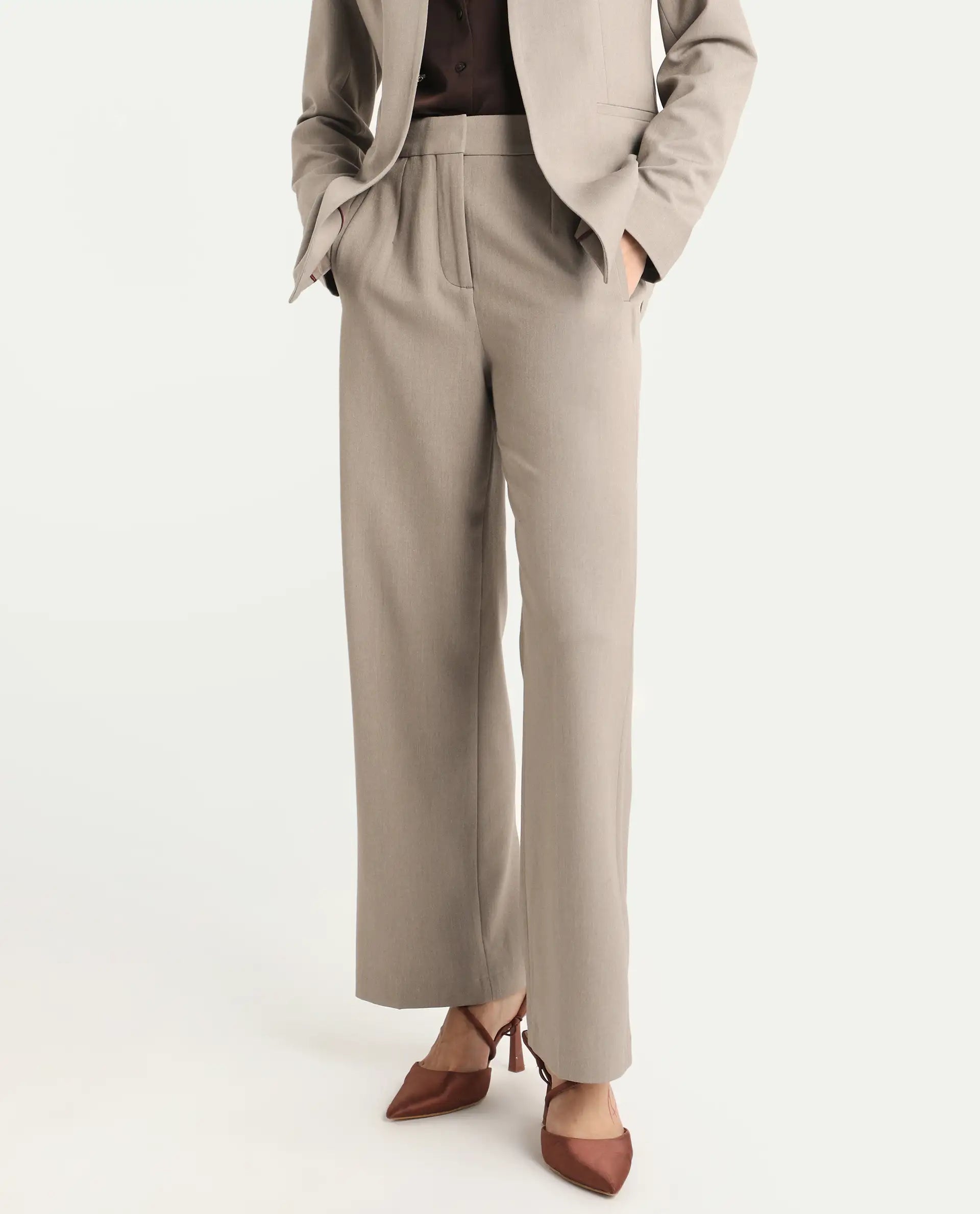 Rareism Women's Flare Fawn Polyester Blend Bootcut Ankle Length Plain Travel Trouser