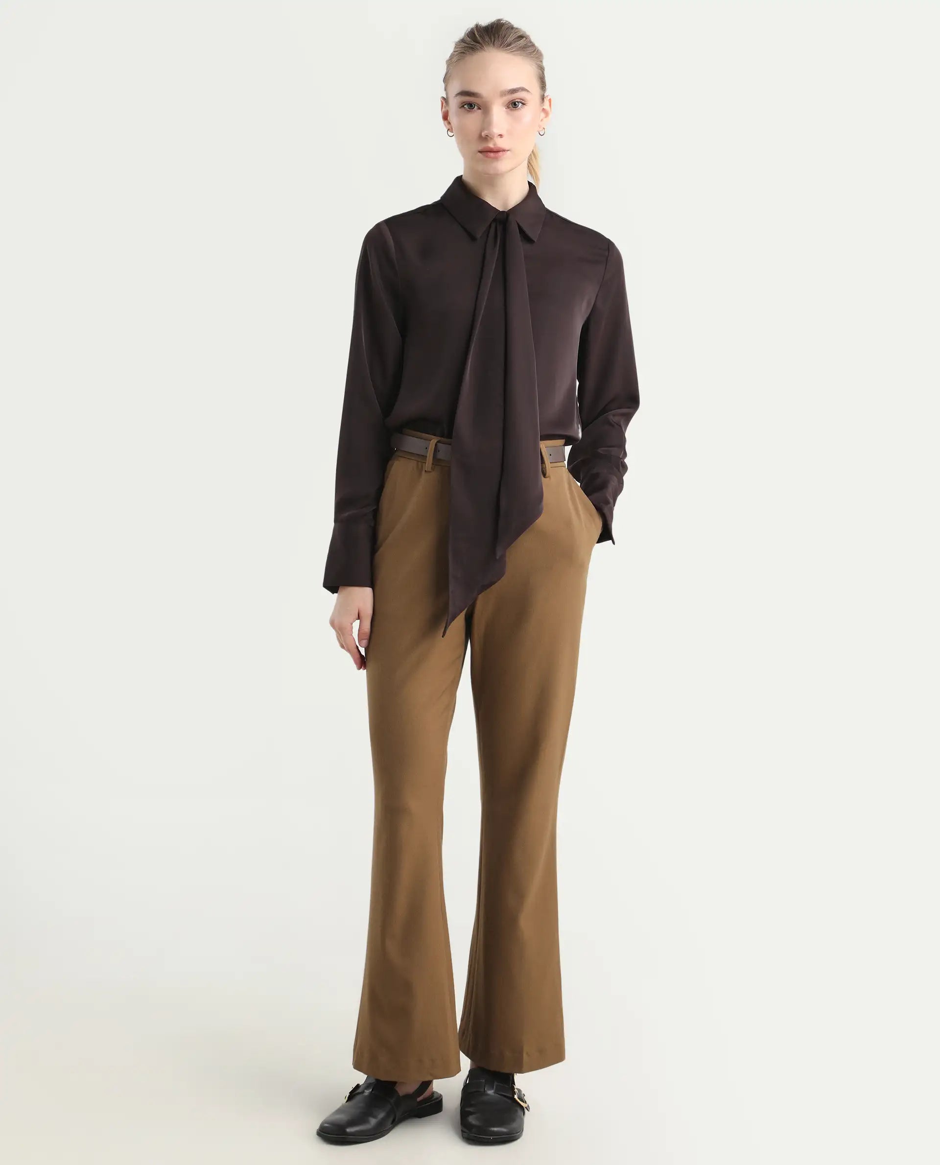 Rareism Women's Flare Light Brown Polyester Blend Bootcut Ankle Length Plain Travel Trouser