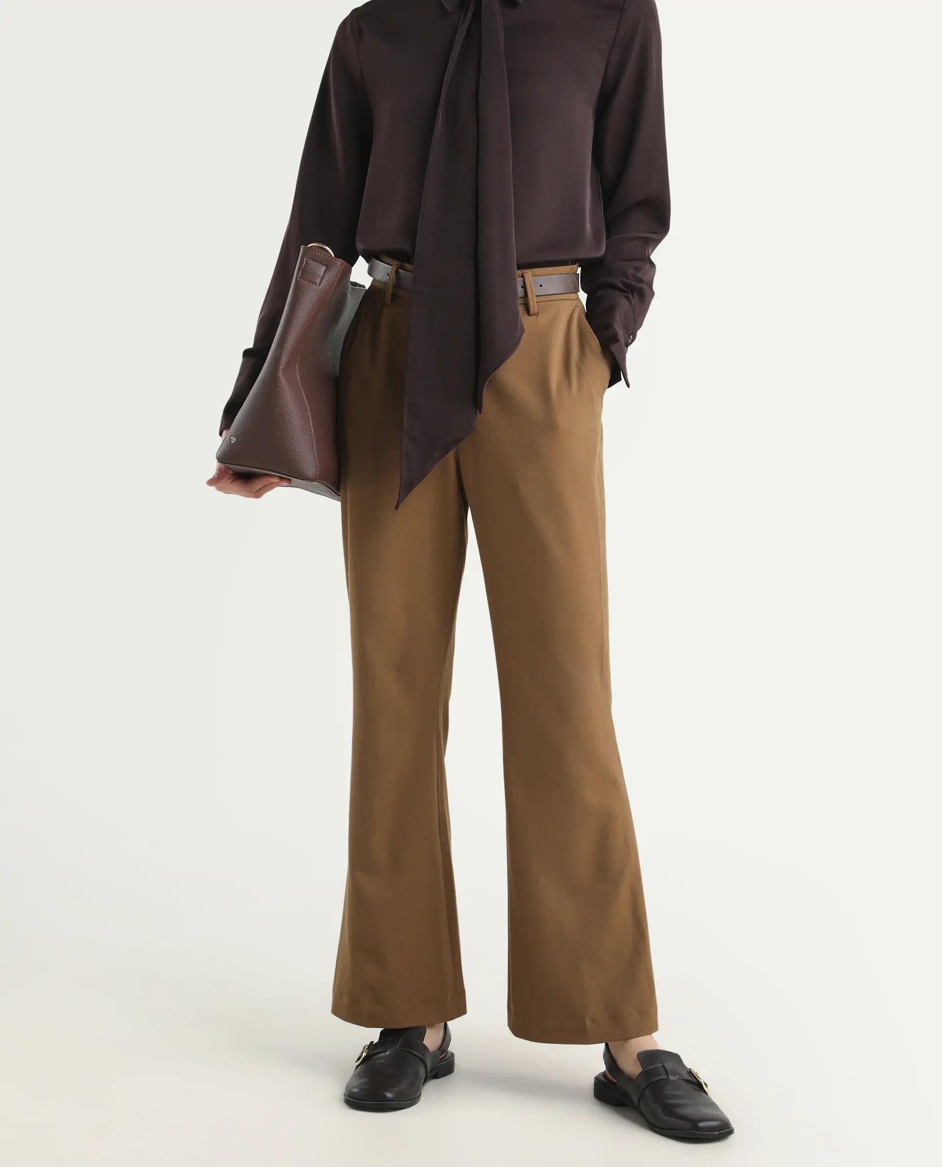 Rareism Women's Flare Light Brown Polyester Blend Bootcut Ankle Length Plain Travel Trouser