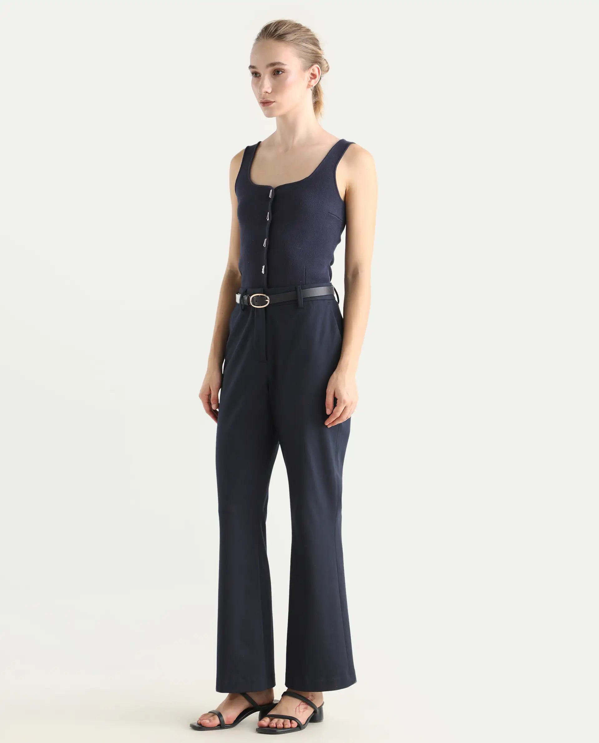 Rareism Women's Flare Navy Polyester Blend Bootcut Ankle Length Plain Travel Trouser