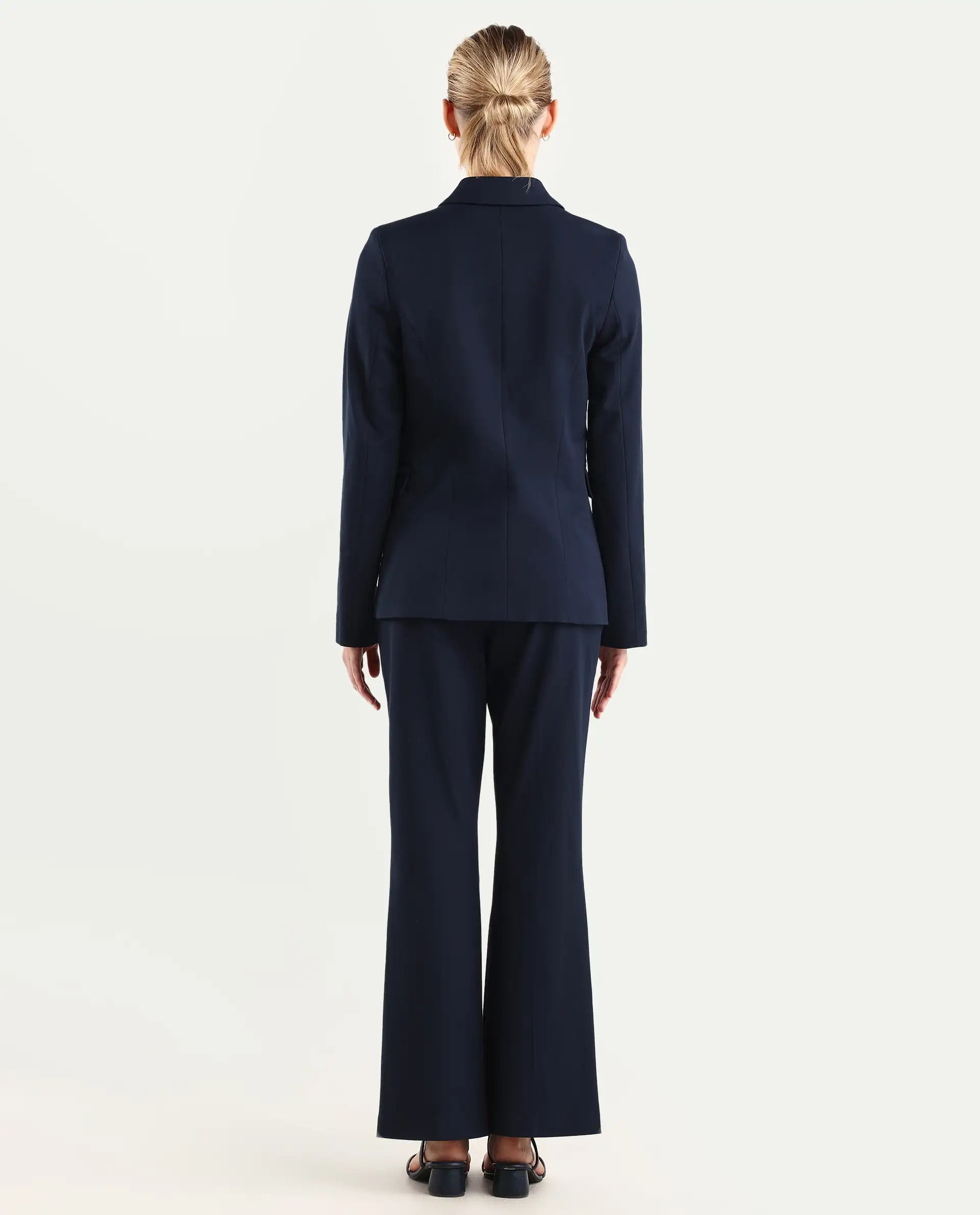 Rareism Women's Flare Navy Polyester Blend Bootcut Ankle Length Plain Travel Trouser