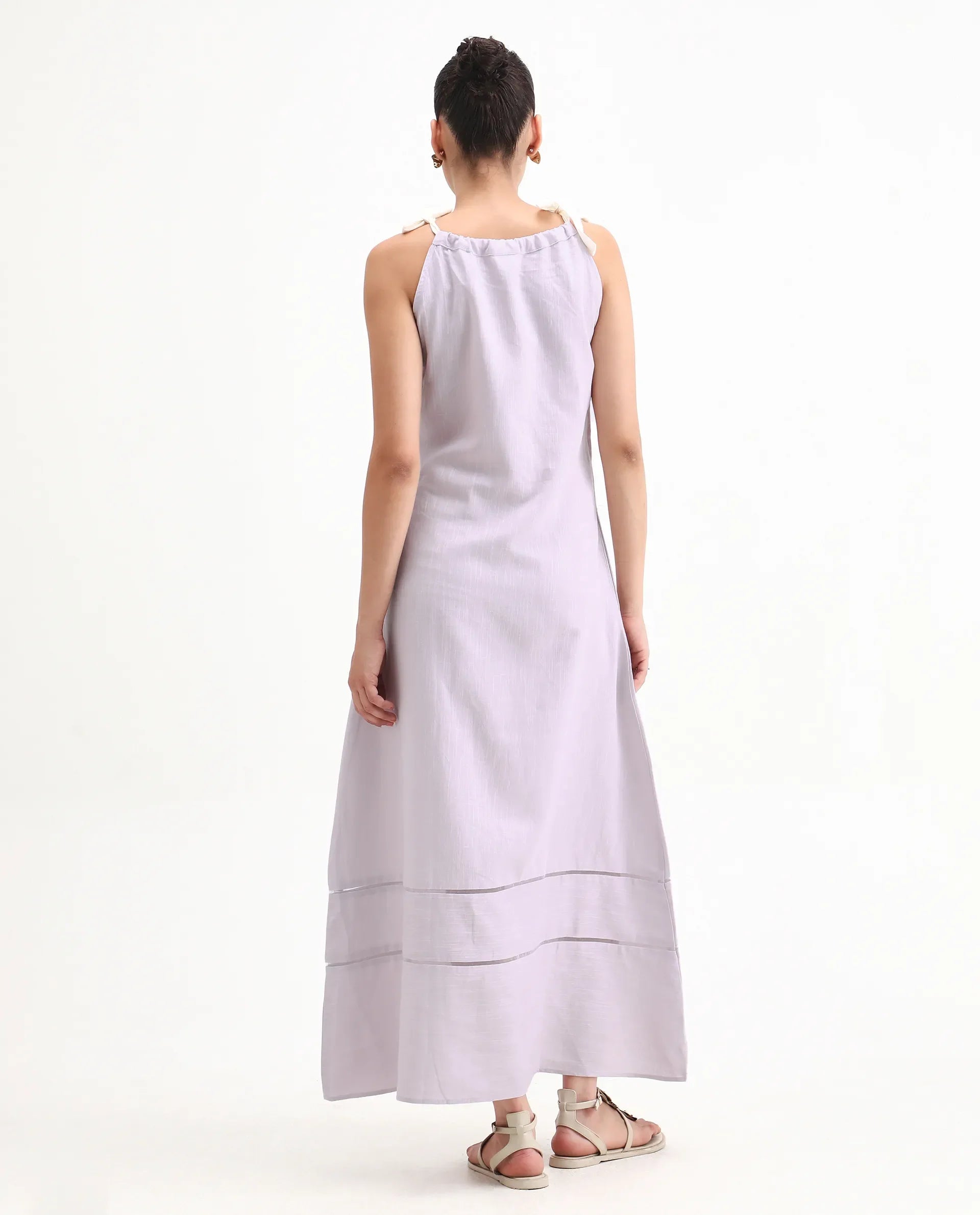 Rareism Women's Flat Purple Linen Tie-Up Neck Plain Sleeveless Knee Length Regular Fit Dress