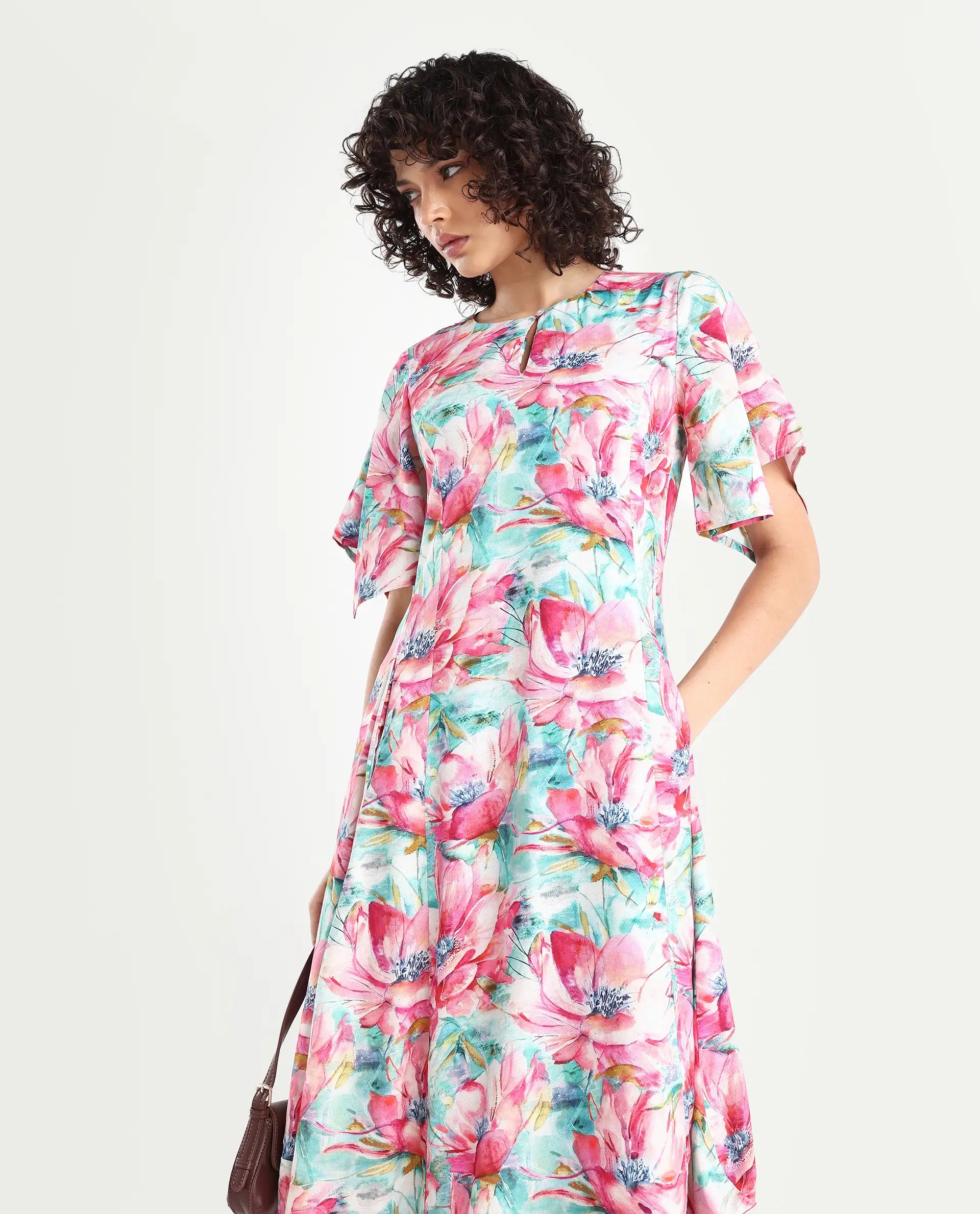 Rareism Women's Flonki Pastel Green Viscose Crew Neck Floral Print Bell Sleeve Midi Regular Fit Dress