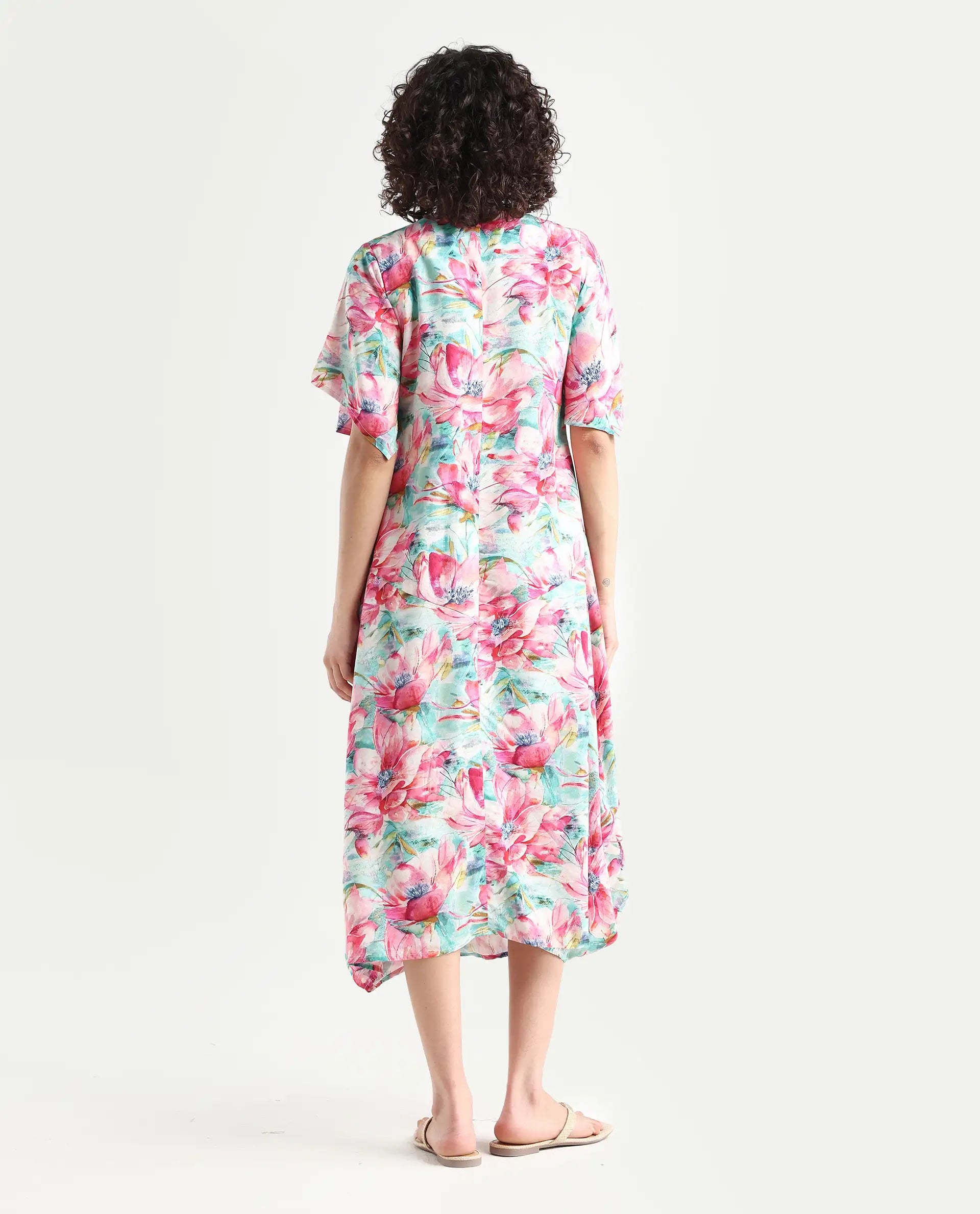 Rareism Women's Flonki Pastel Green Viscose Crew Neck Floral Print Bell Sleeve Midi Regular Fit Dress