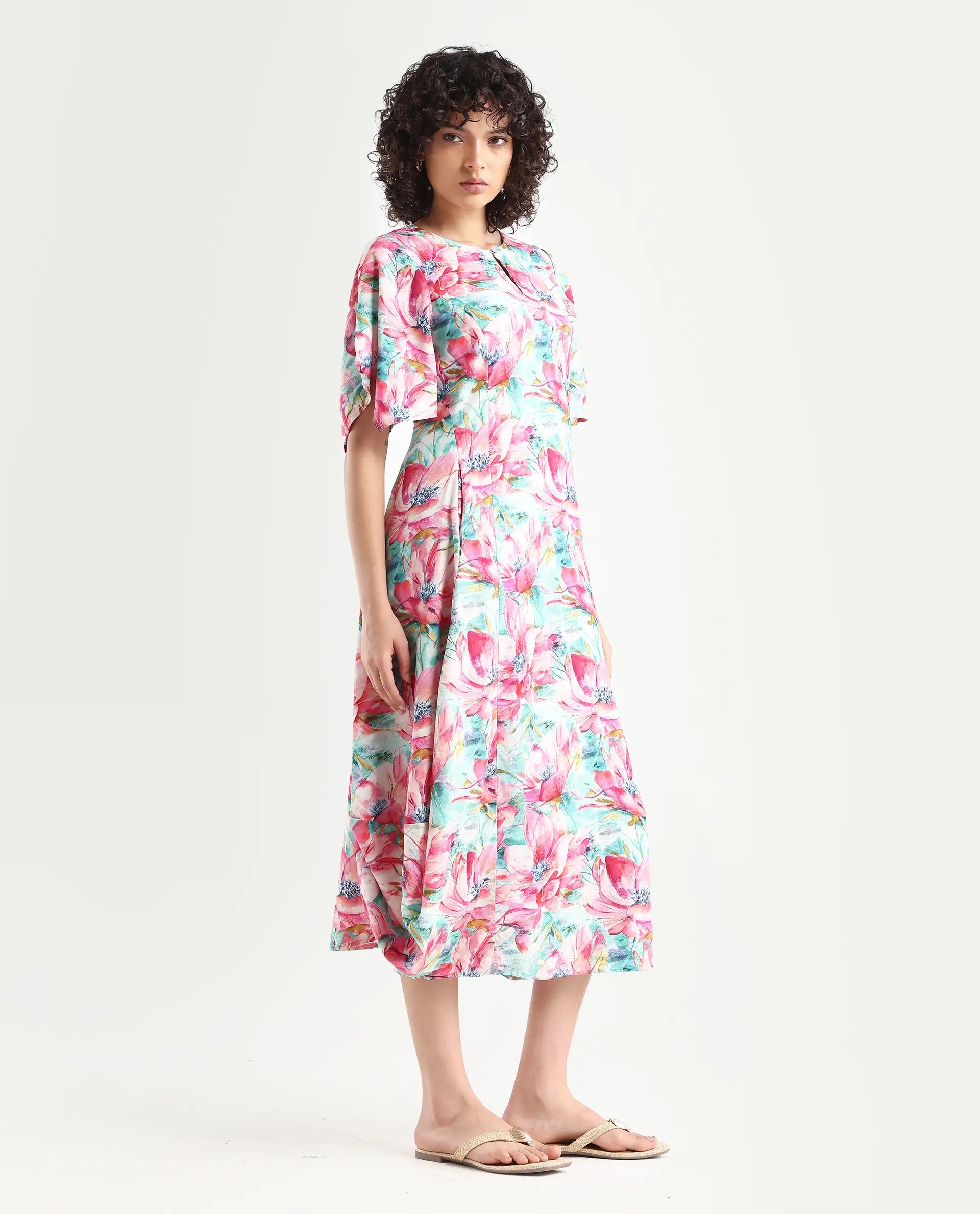 Rareism Women's Flonki Pastel Green Viscose Crew Neck Floral Print Bell Sleeve Midi Regular Fit Dress