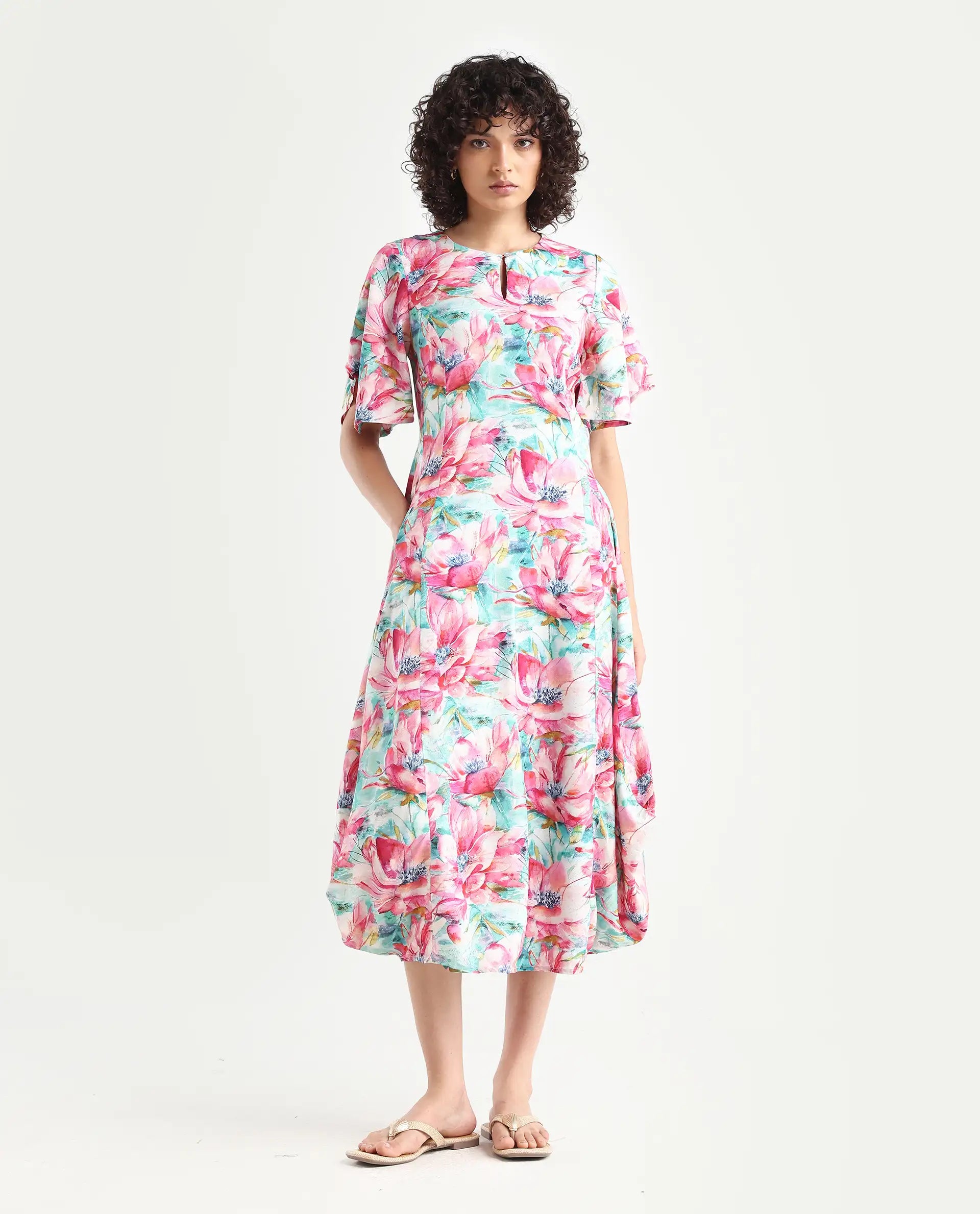 Rareism Women's Flonki Pastel Green Viscose Crew Neck Floral Print Bell Sleeve Midi Regular Fit Dress