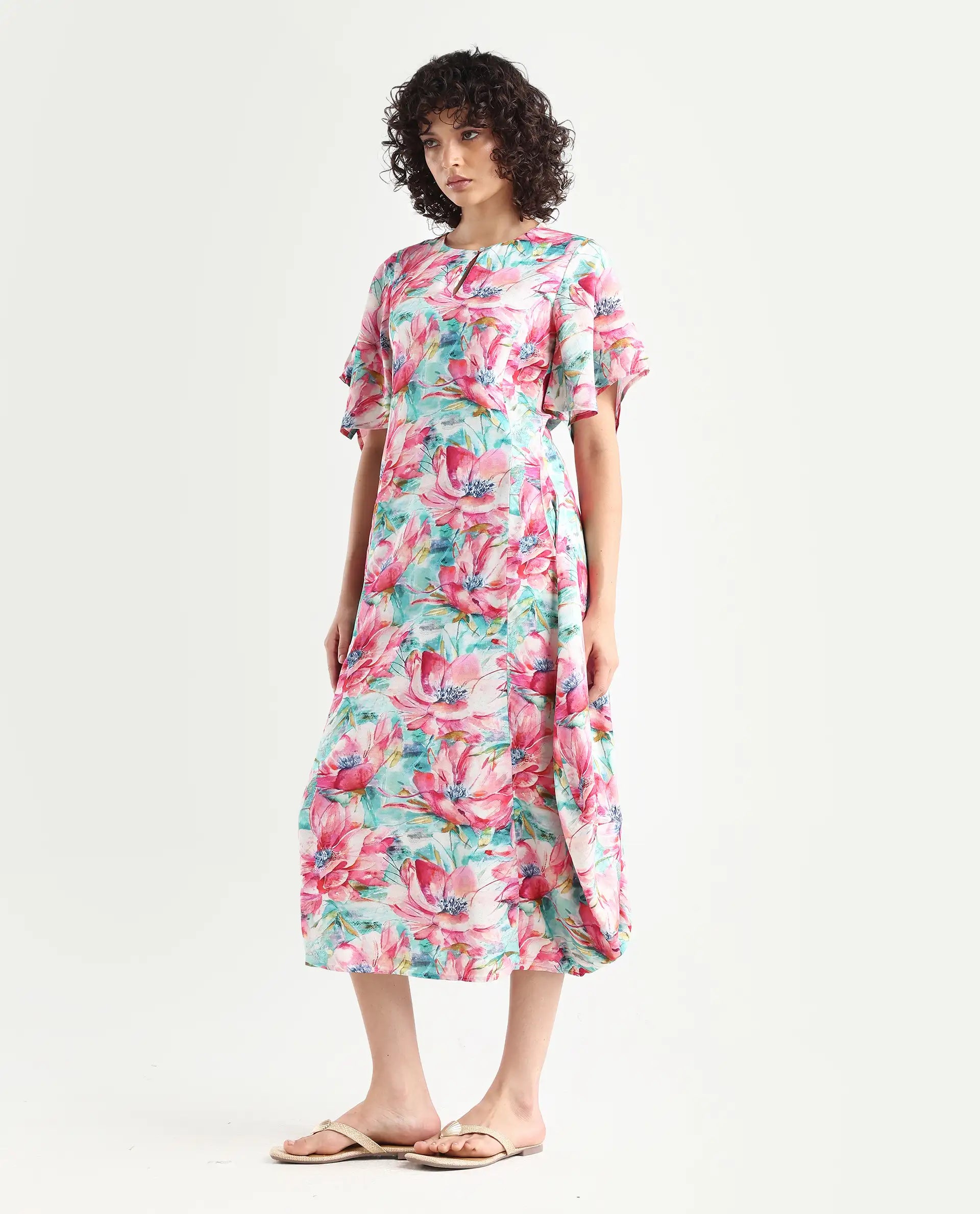 Rareism Women's Flonki Pastel Green Viscose Crew Neck Floral Print Bell Sleeve Midi Regular Fit Dress