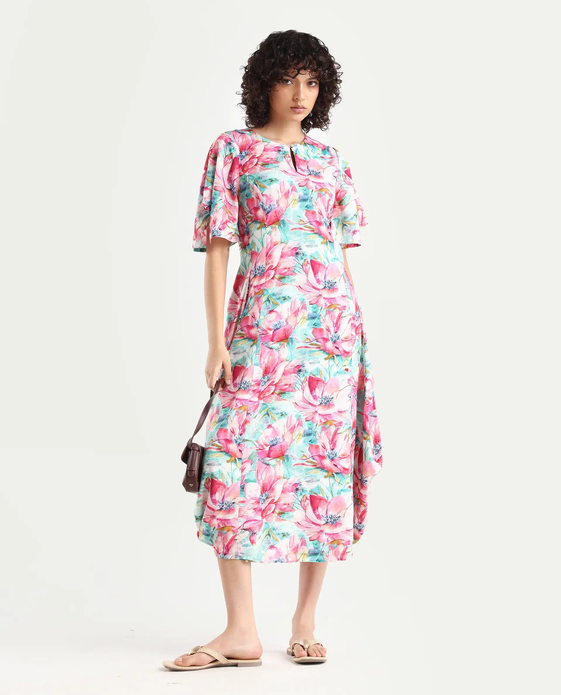 Rareism Women's Flonki Pastel Green Viscose Crew Neck Floral Print Bell Sleeve Midi Regular Fit Dress