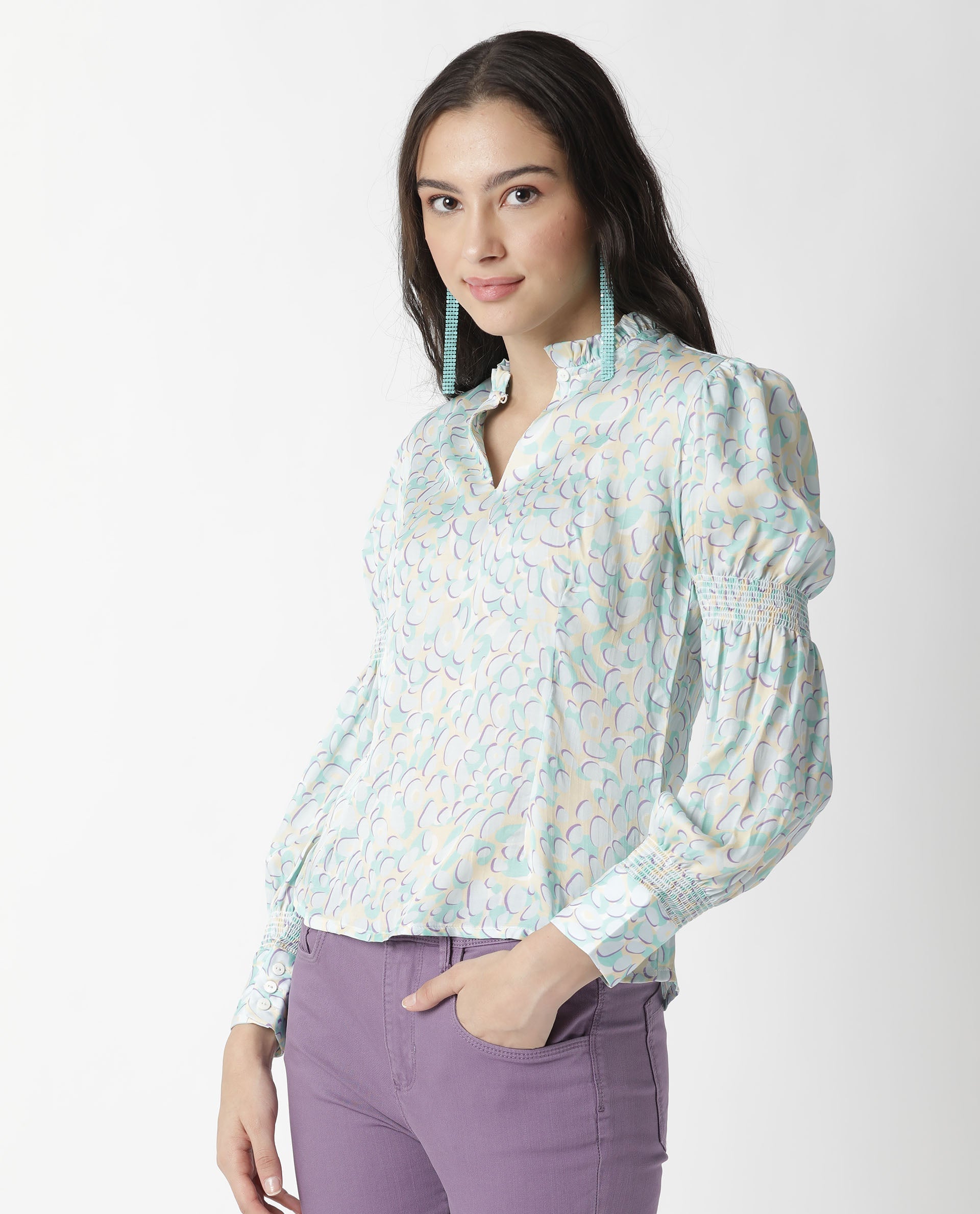 Rareism Womens Floor Purple Top Modal Satin Fabric Regular Fit Full Sleeve Ruffled Neck