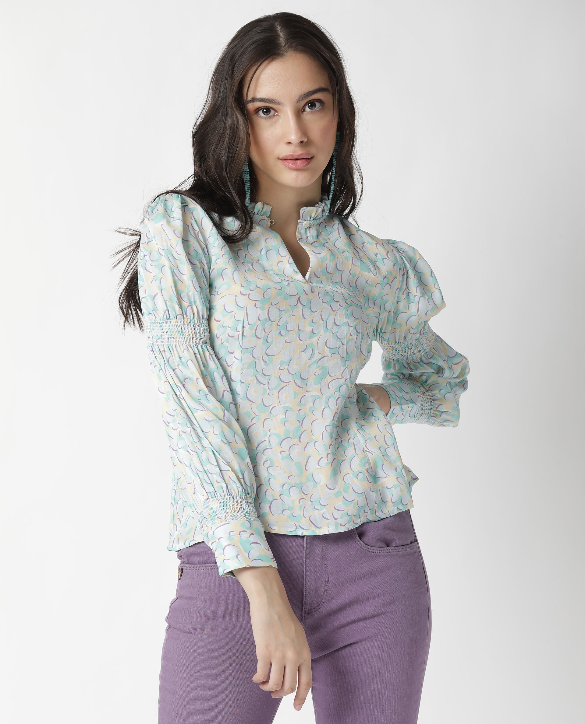 Rareism Womens Floor Purple Top Modal Satin Fabric Regular Fit Full Sleeve Ruffled Neck