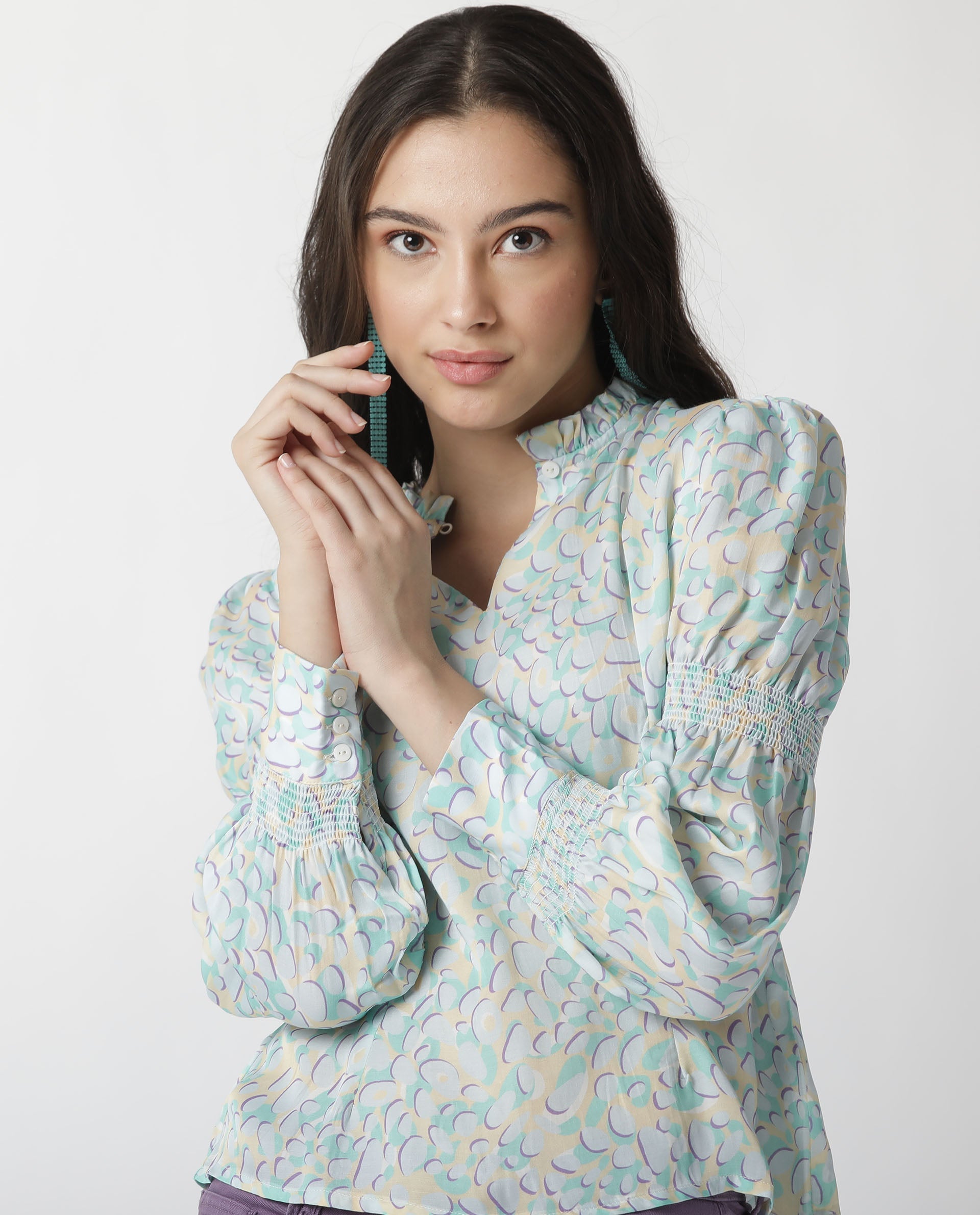 Rareism Womens Floor Purple Top Modal Satin Fabric Regular Fit Full Sleeve Ruffled Neck