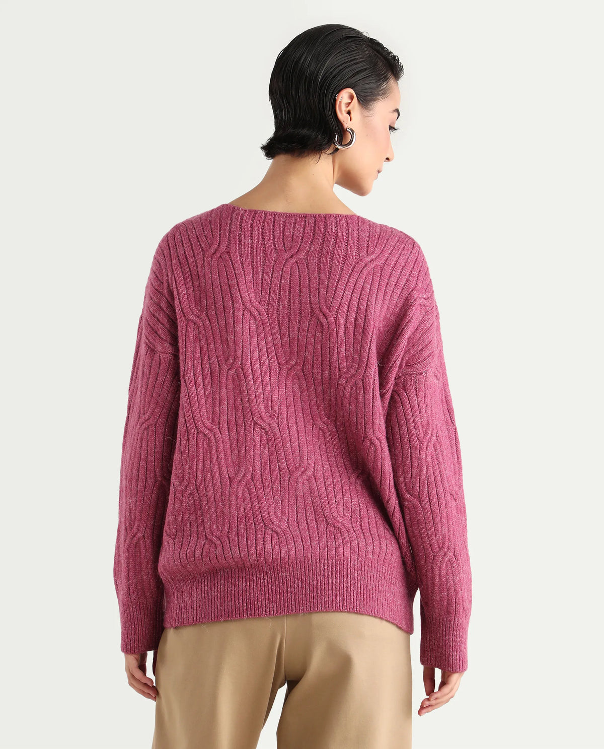 Rareism Women's Floran Pink Acrylic Crew Neck Plain Relaxed Fit Sweater
