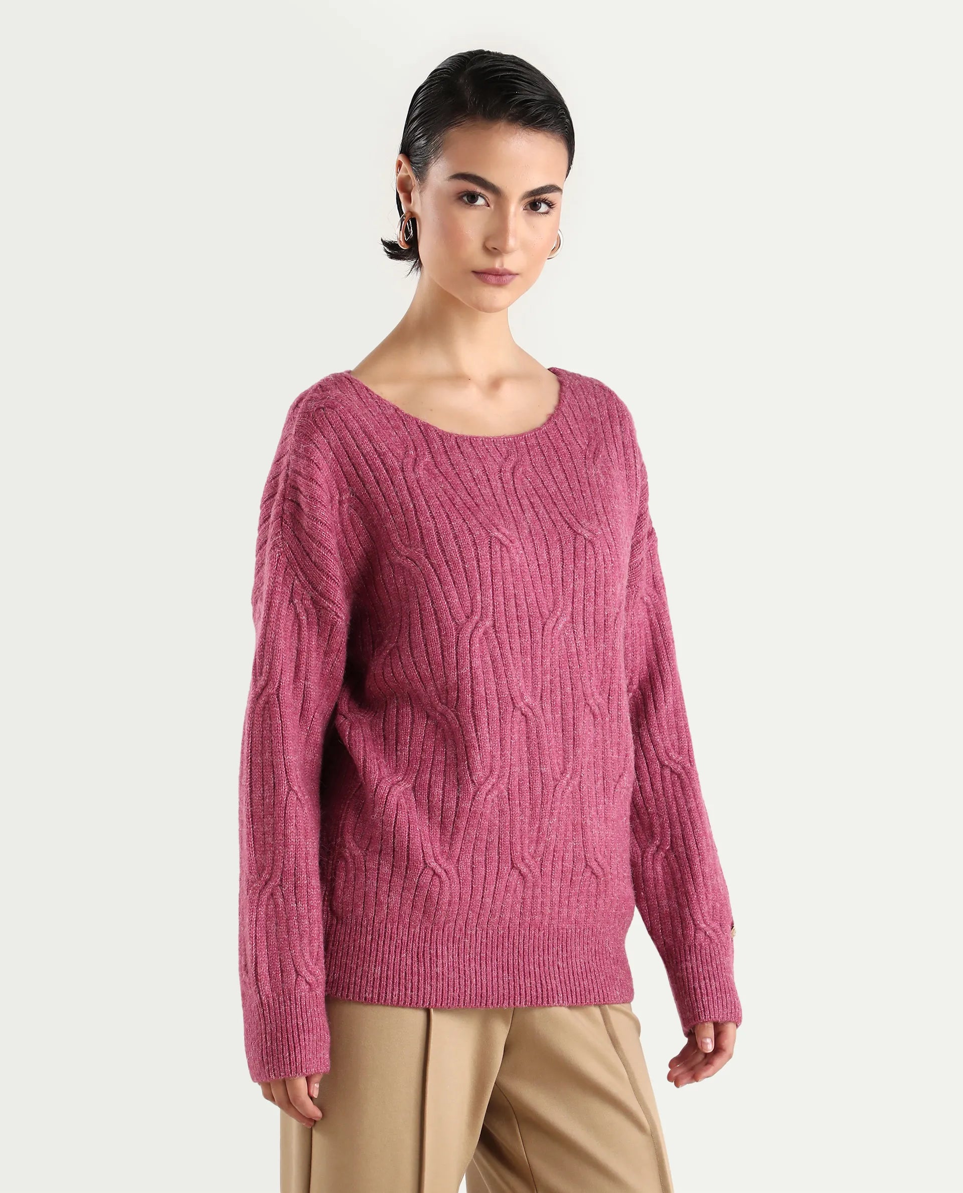 Rareism Women's Floran Pink Acrylic Crew Neck Plain Relaxed Fit Sweater