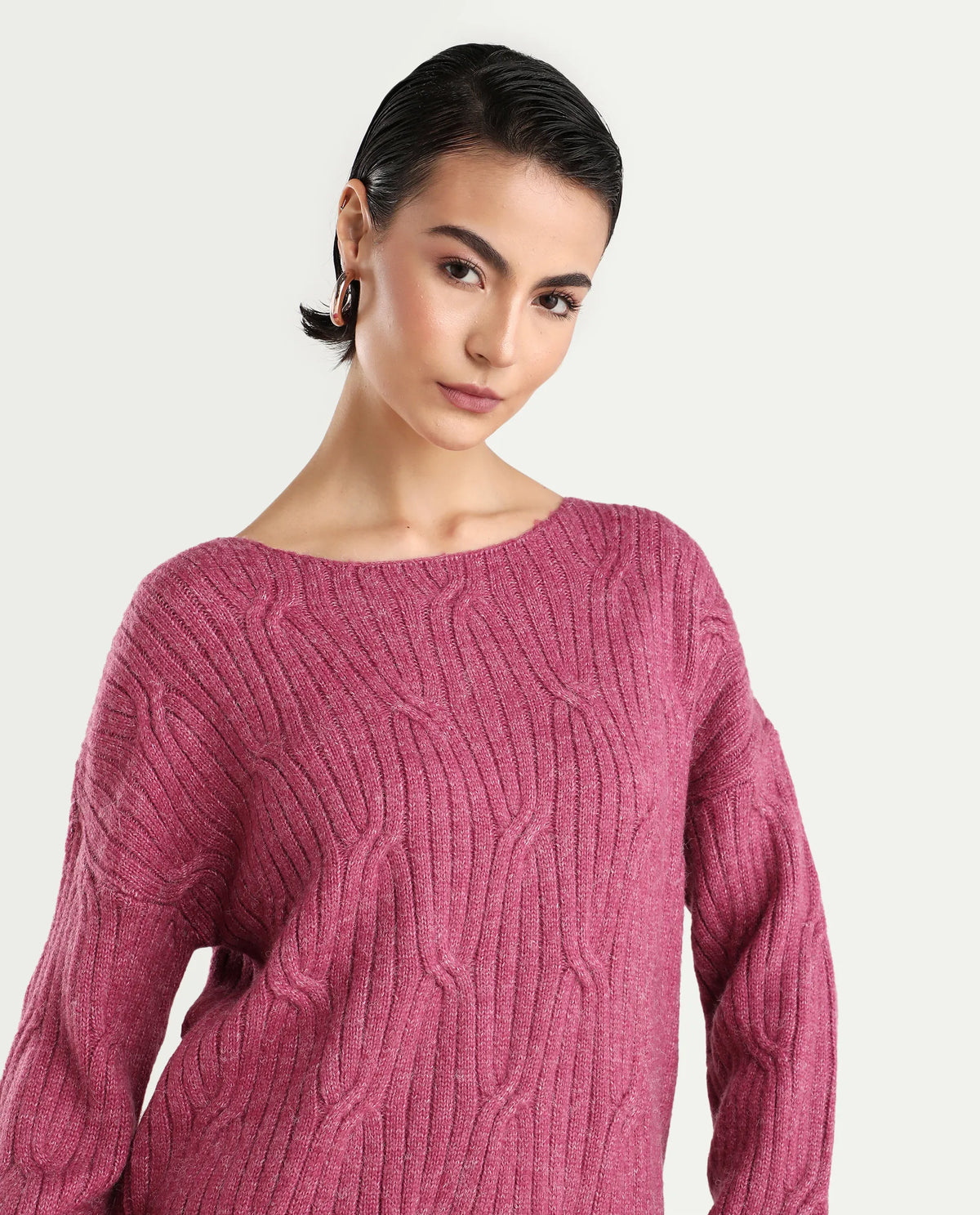 Rareism Women's Floran Pink Acrylic Crew Neck Plain Relaxed Fit Sweater