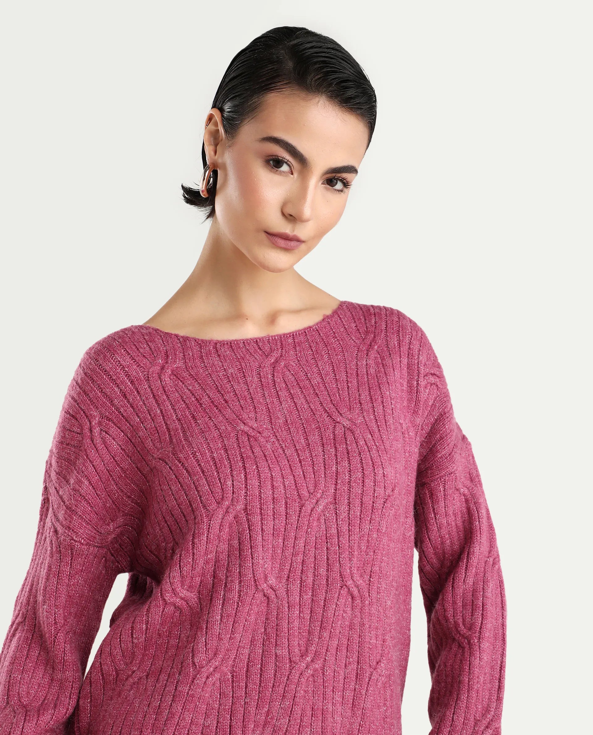 Rareism Women's Floran Pink Acrylic Crew Neck Plain Relaxed Fit Sweater