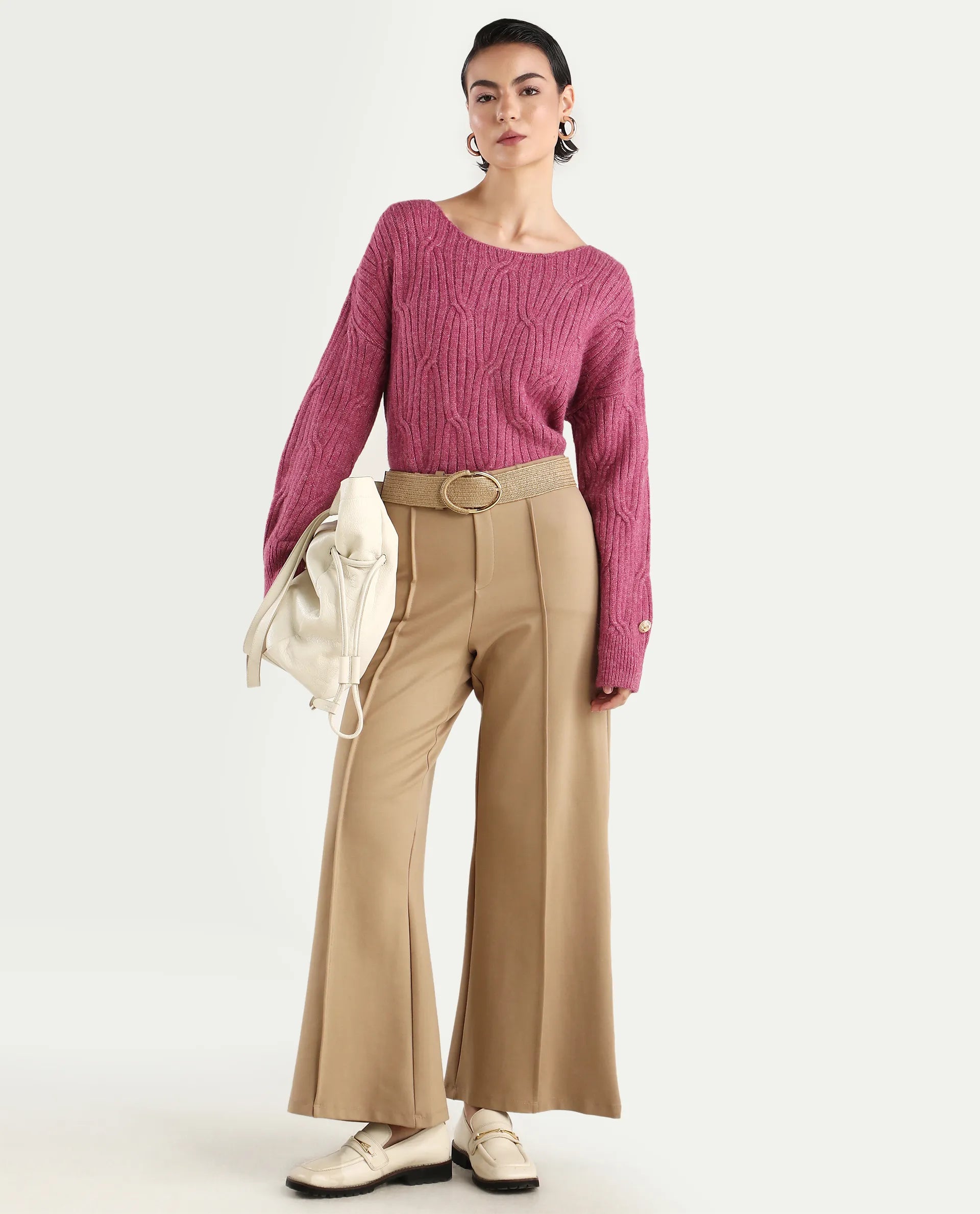 Rareism Women's Floran Pink Acrylic Crew Neck Plain Relaxed Fit Sweater