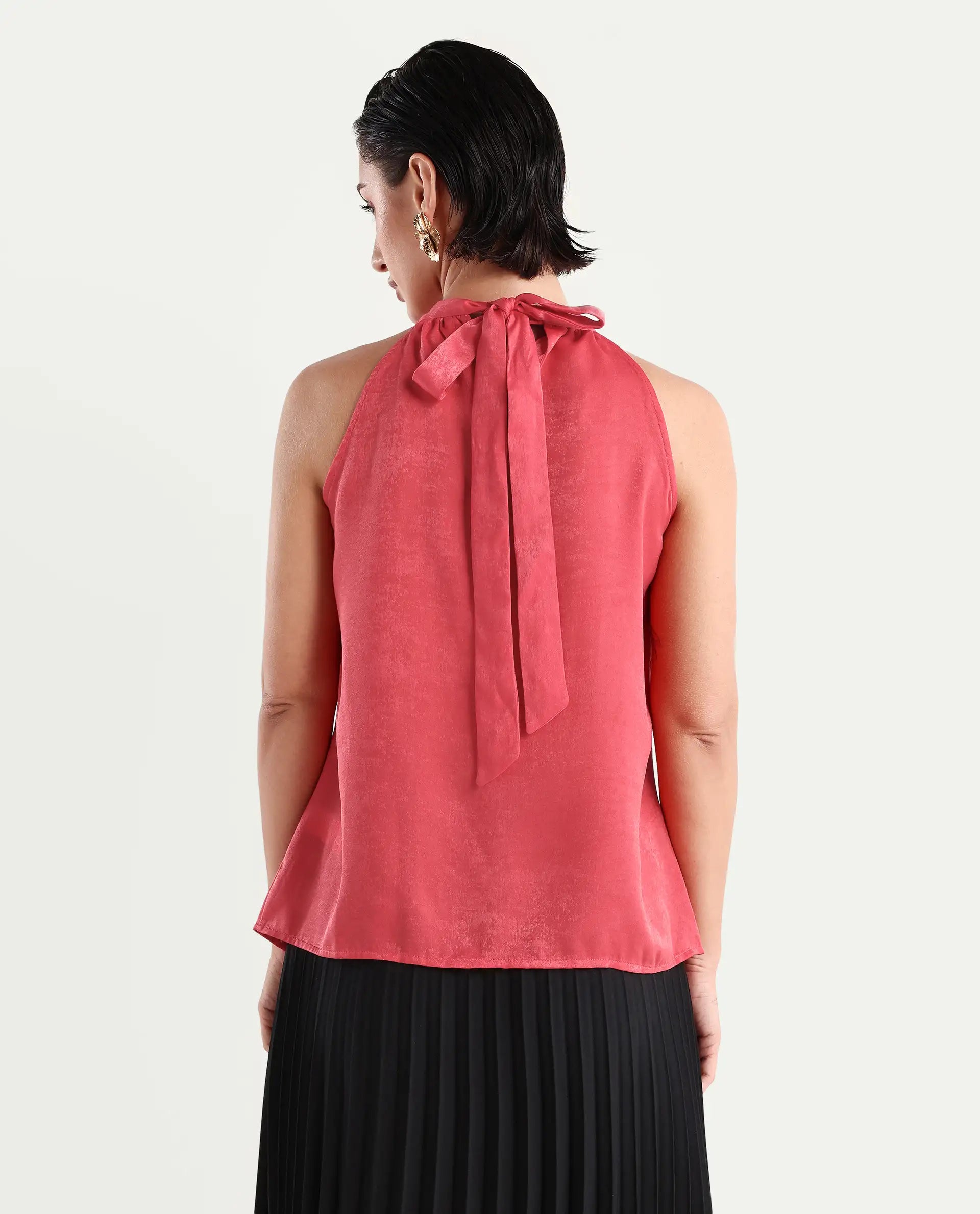 Rareism Women's Floren Light Orange Polyester Halter Neck Plain Sleeveless Regular Fit Top