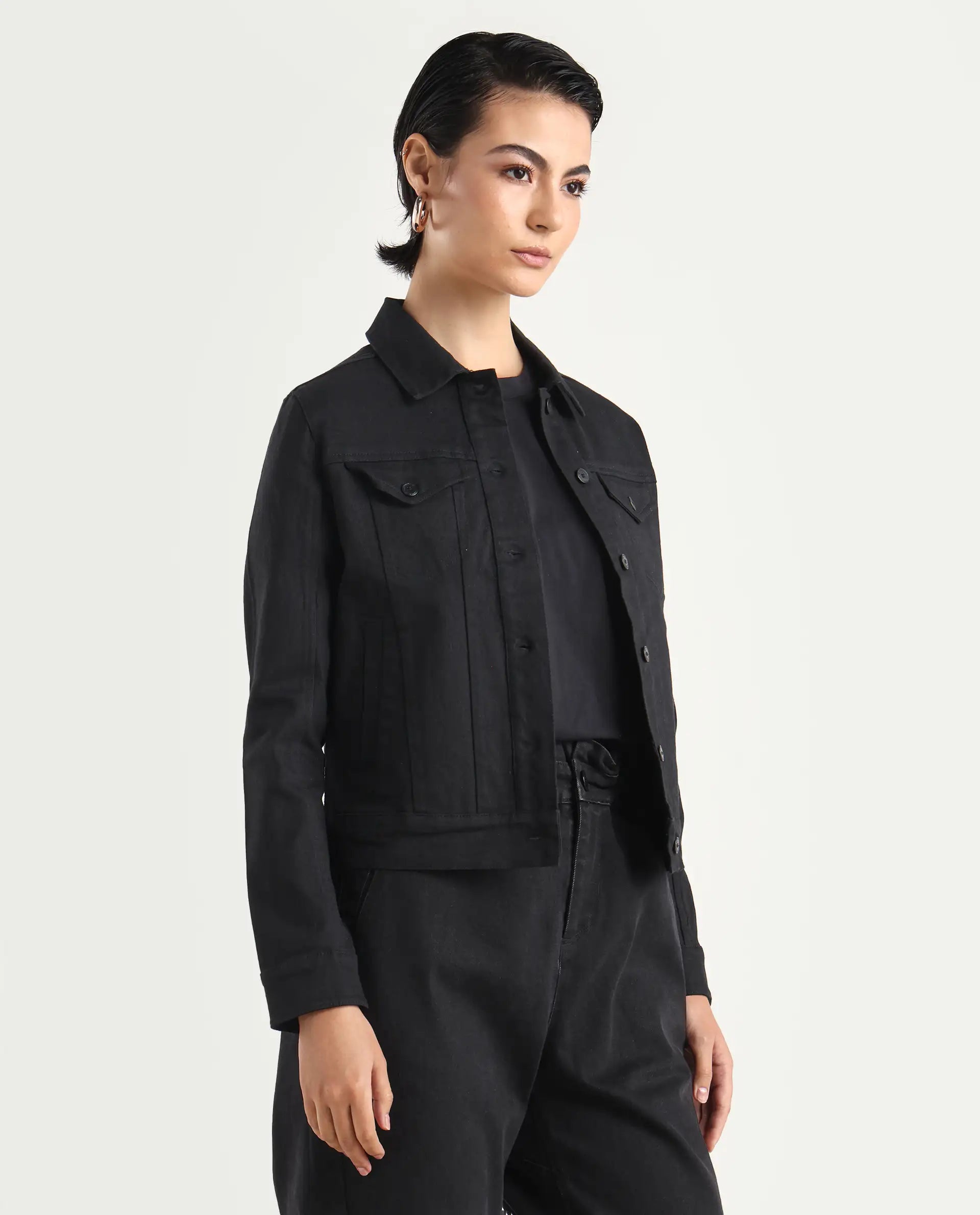 Rareism Women's Floria Black Cotton Blend Drop Collar Plain Cuffed Sleeve Regular Fit Jacket