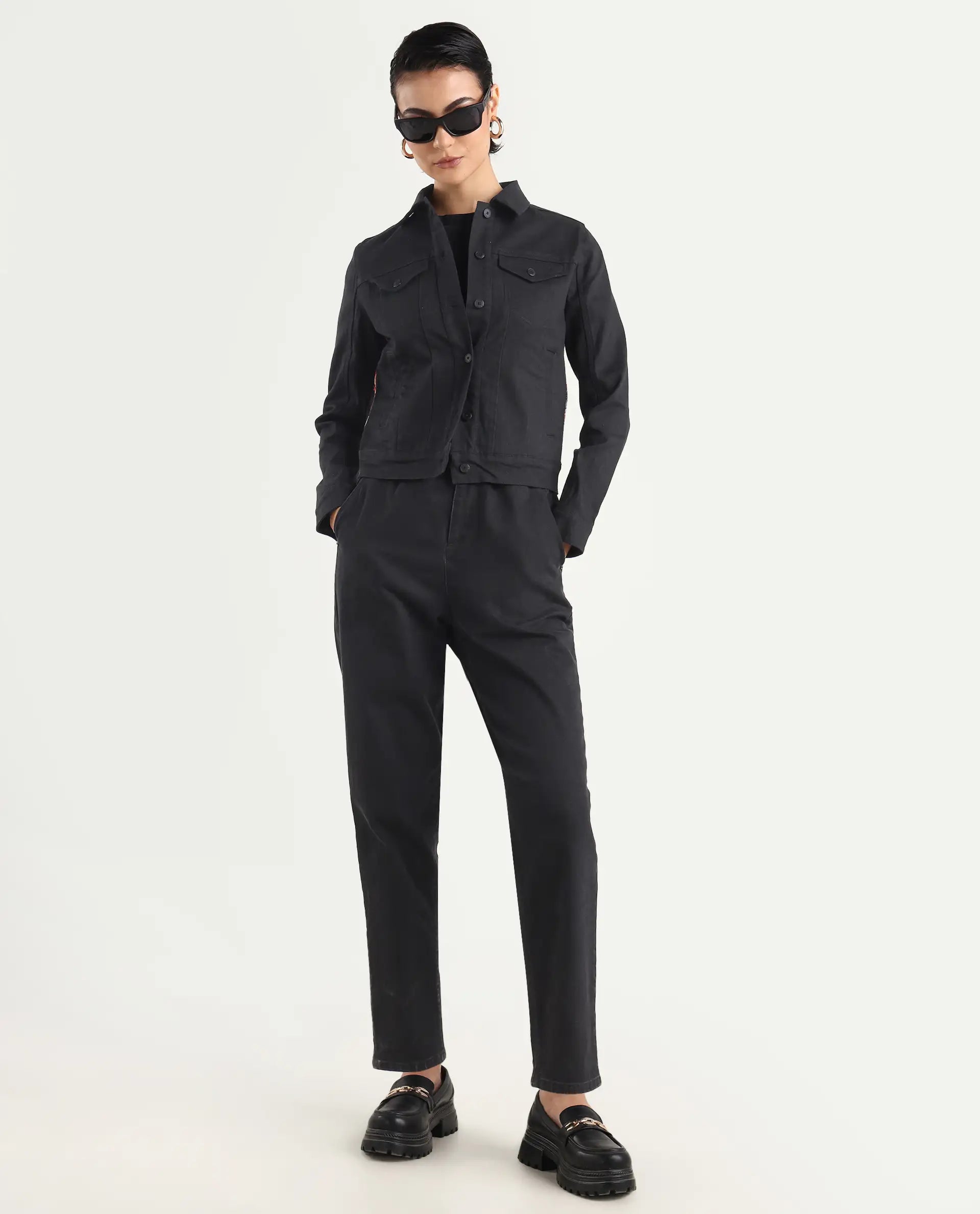 Rareism Women's Floria Black Cotton Blend Drop Collar Plain Cuffed Sleeve Regular Fit Jacket