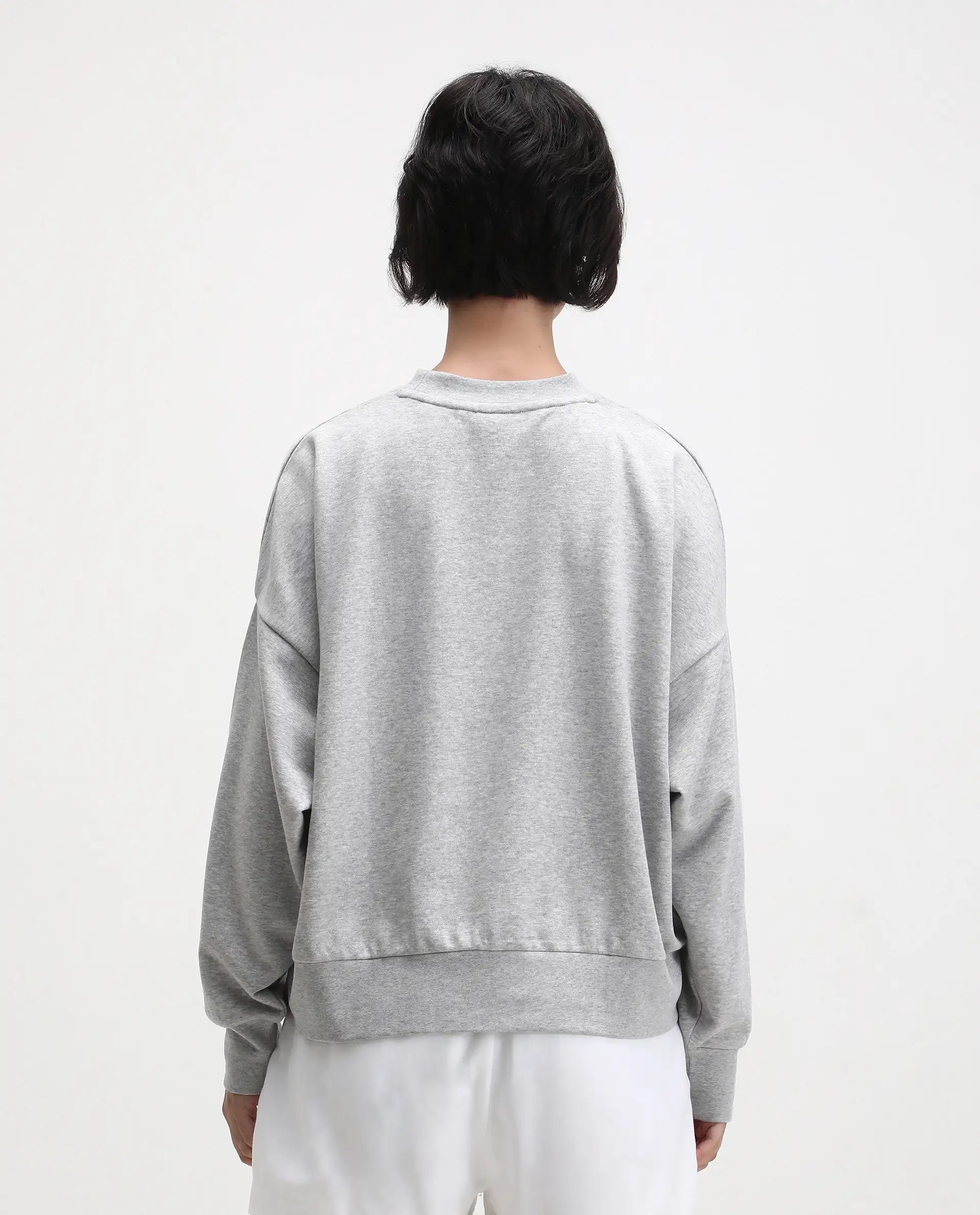 Rareism Women's Flor Light Grey Cotton Crew Neck Relaxed Fit Embroidered Sweatshirt