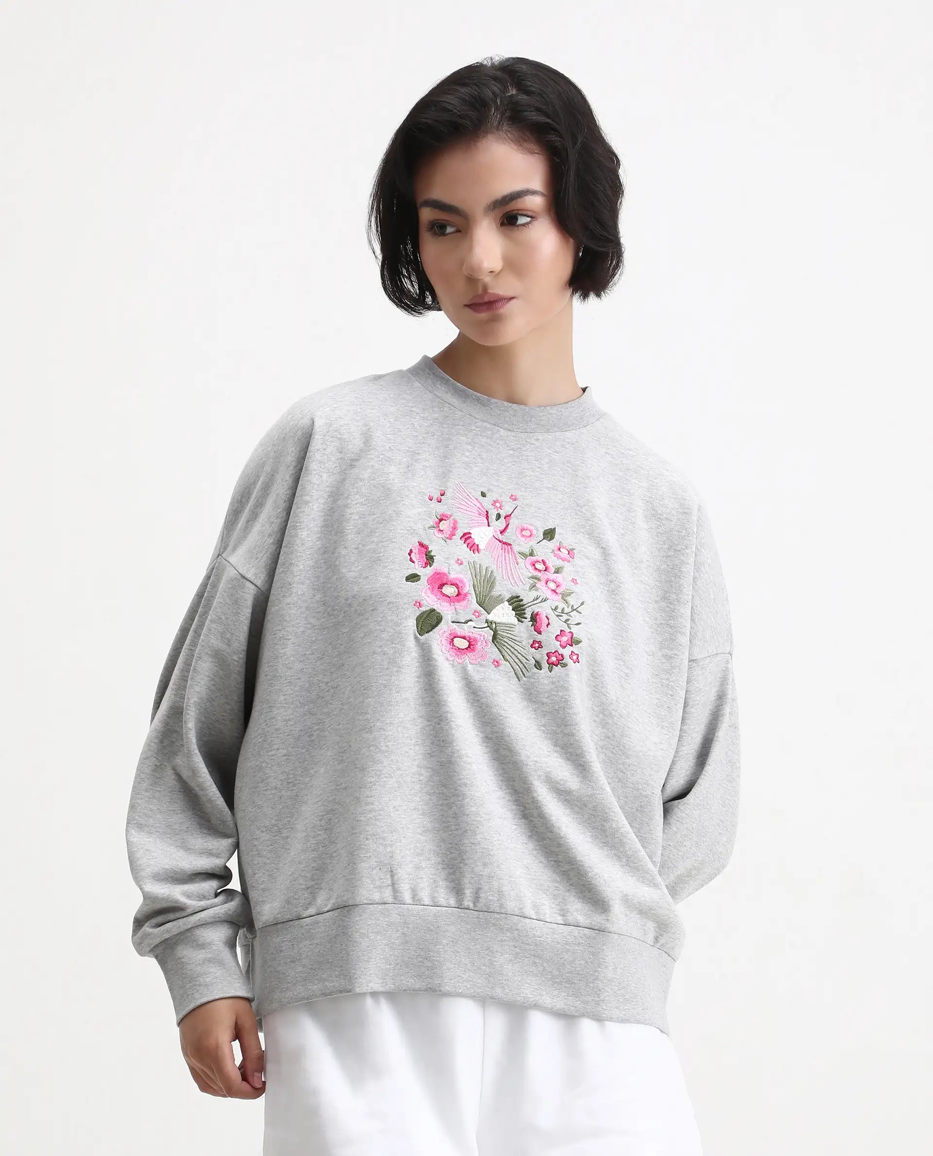 Rareism Women's Flor Light Grey Cotton Crew Neck Relaxed Fit Embroidered Sweatshirt