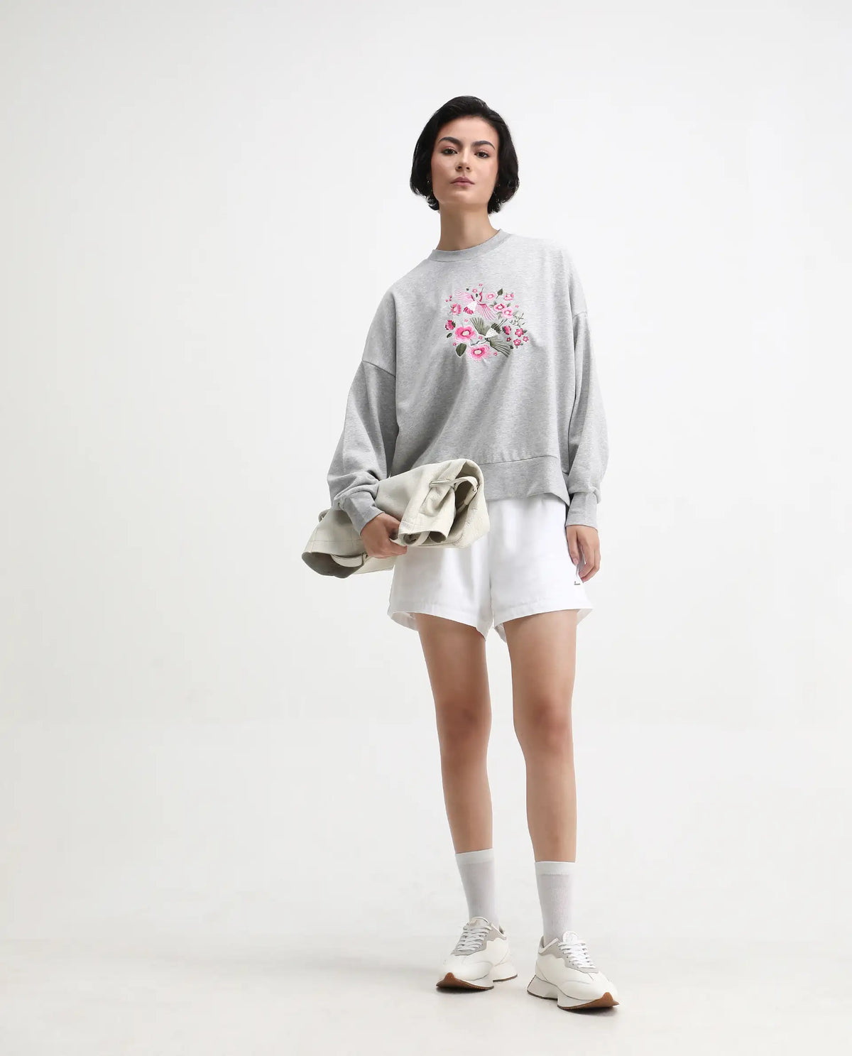 Rareism Women's Flor Light Grey Cotton Crew Neck Relaxed Fit Embroidered Sweatshirt