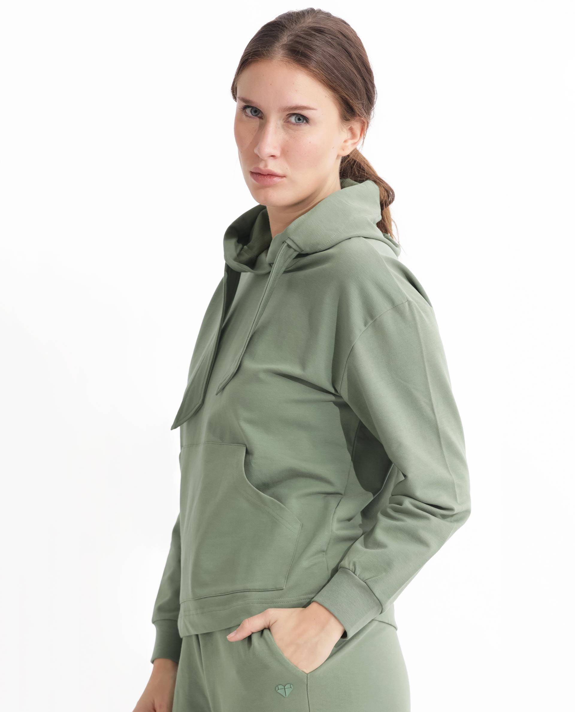 Rareism Women Flynn Dusky Green Cotton Lycra Fabric Regular Fit Full Sleeves Solid Hooded Sweatshirt