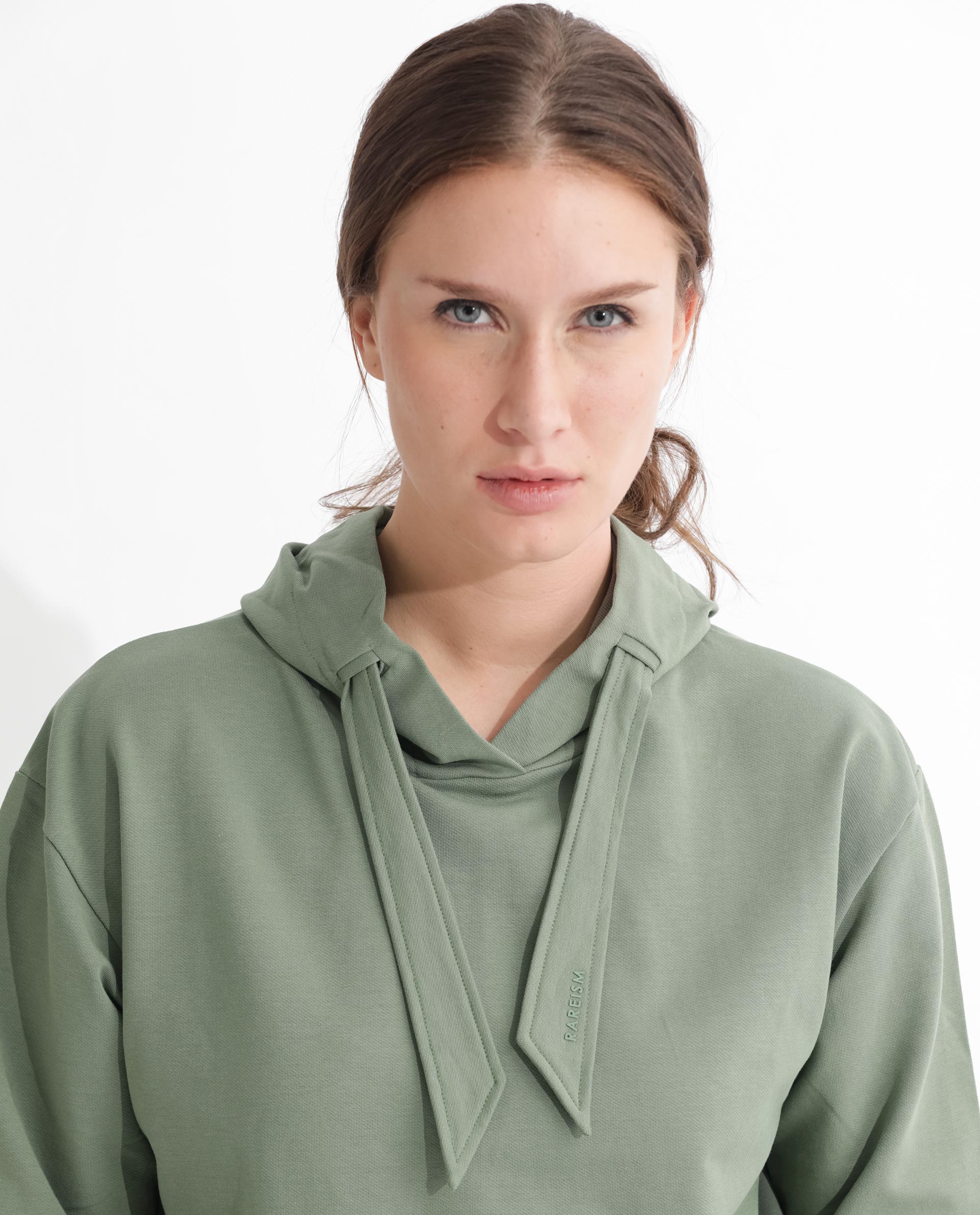 Rareism Women Flynn Dusky Green Cotton Lycra Fabric Regular Fit Full Sleeves Solid Hooded Sweatshirt