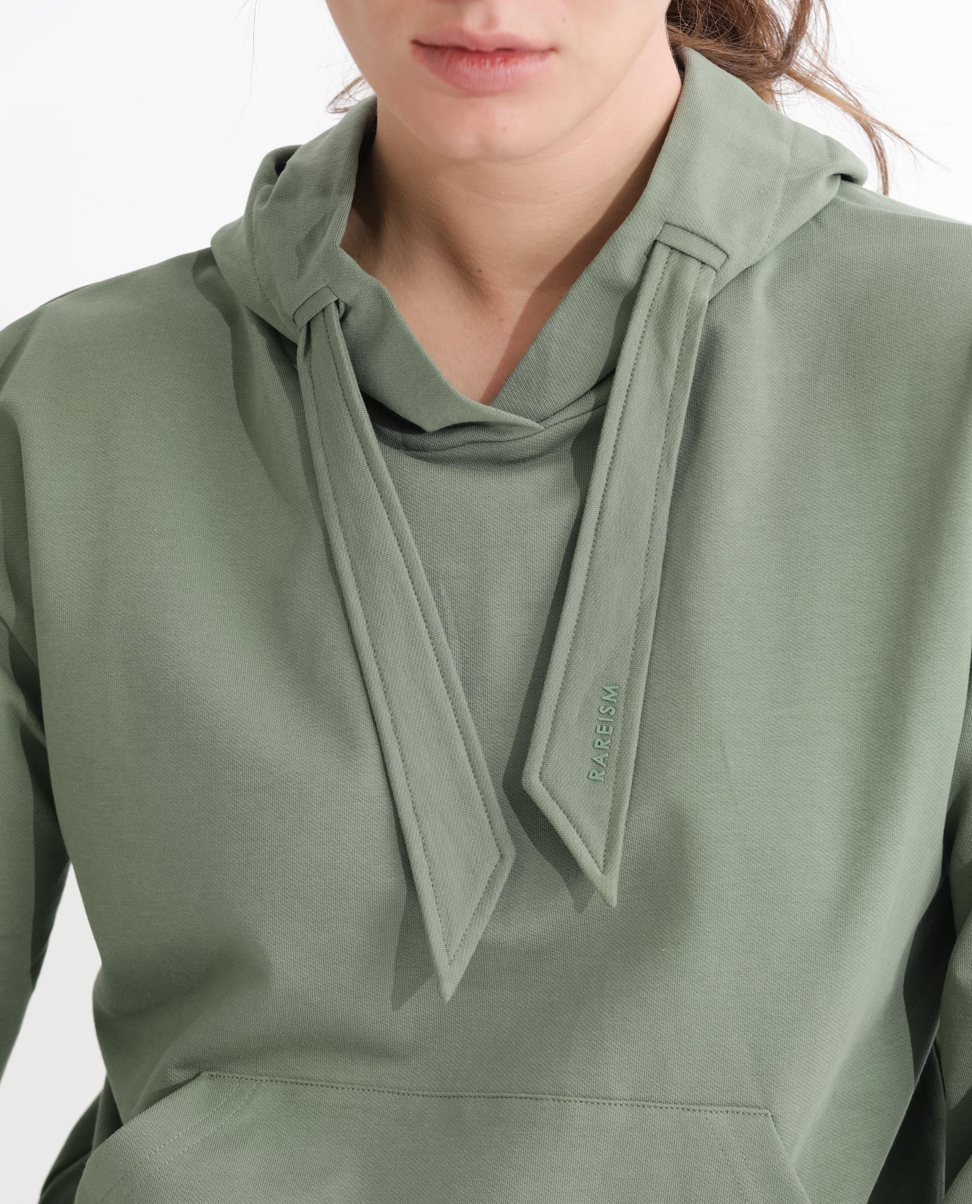 Rareism Women Flynn Dusky Green Cotton Lycra Fabric Regular Fit Full Sleeves Solid Hooded Sweatshirt