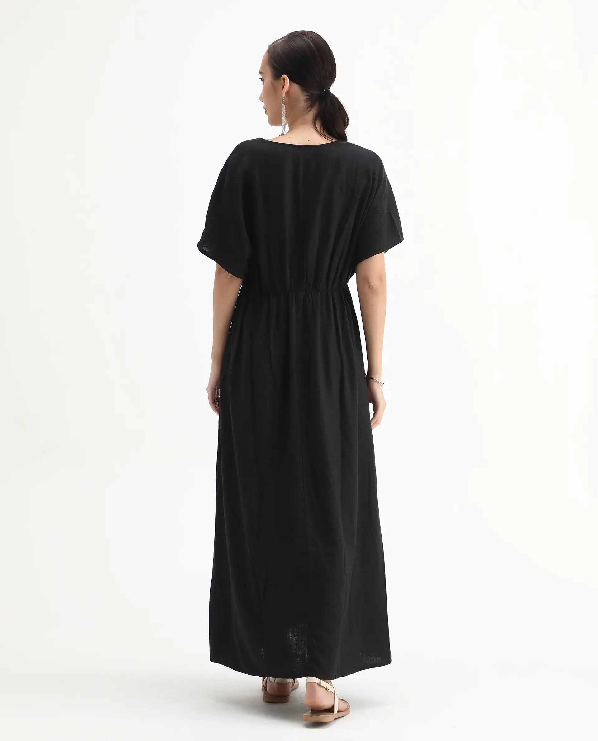 Rareism Women's Flynn Light Black Cotton Blend V-Neck Plain Extended Sleeves Maxi Fit And Flare Dress