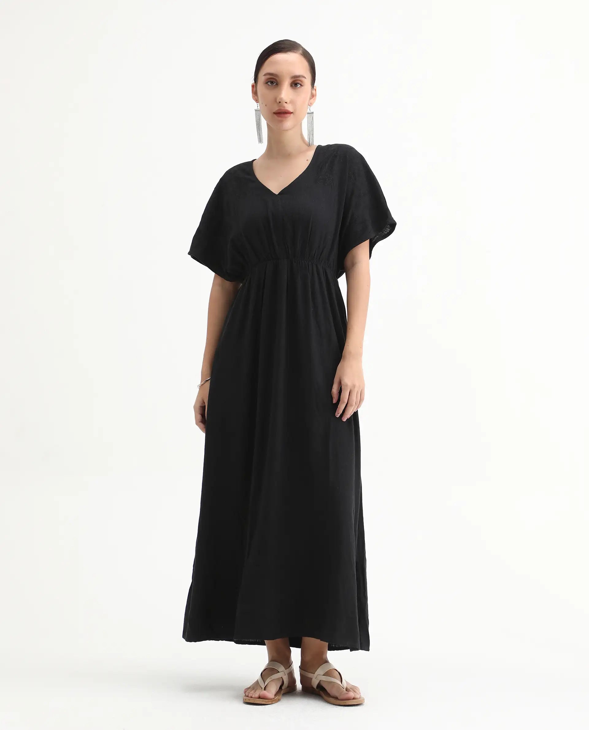Rareism Women's Flynn Light Black Cotton Blend V-Neck Plain Extended Sleeves Maxi Fit And Flare Dress