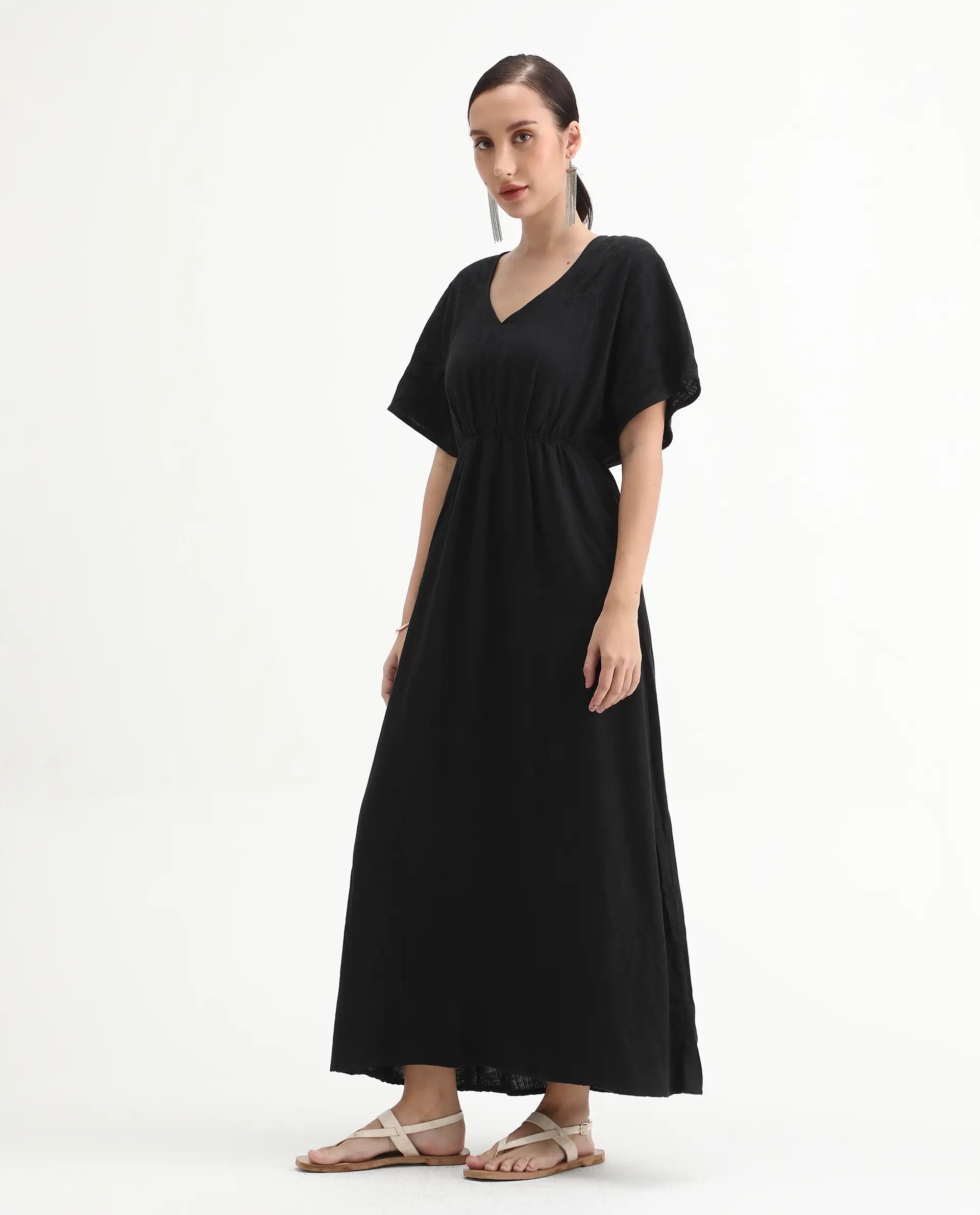 Rareism Women's Flynn Light Black Cotton Blend V-Neck Plain Extended Sleeves Maxi Fit And Flare Dress