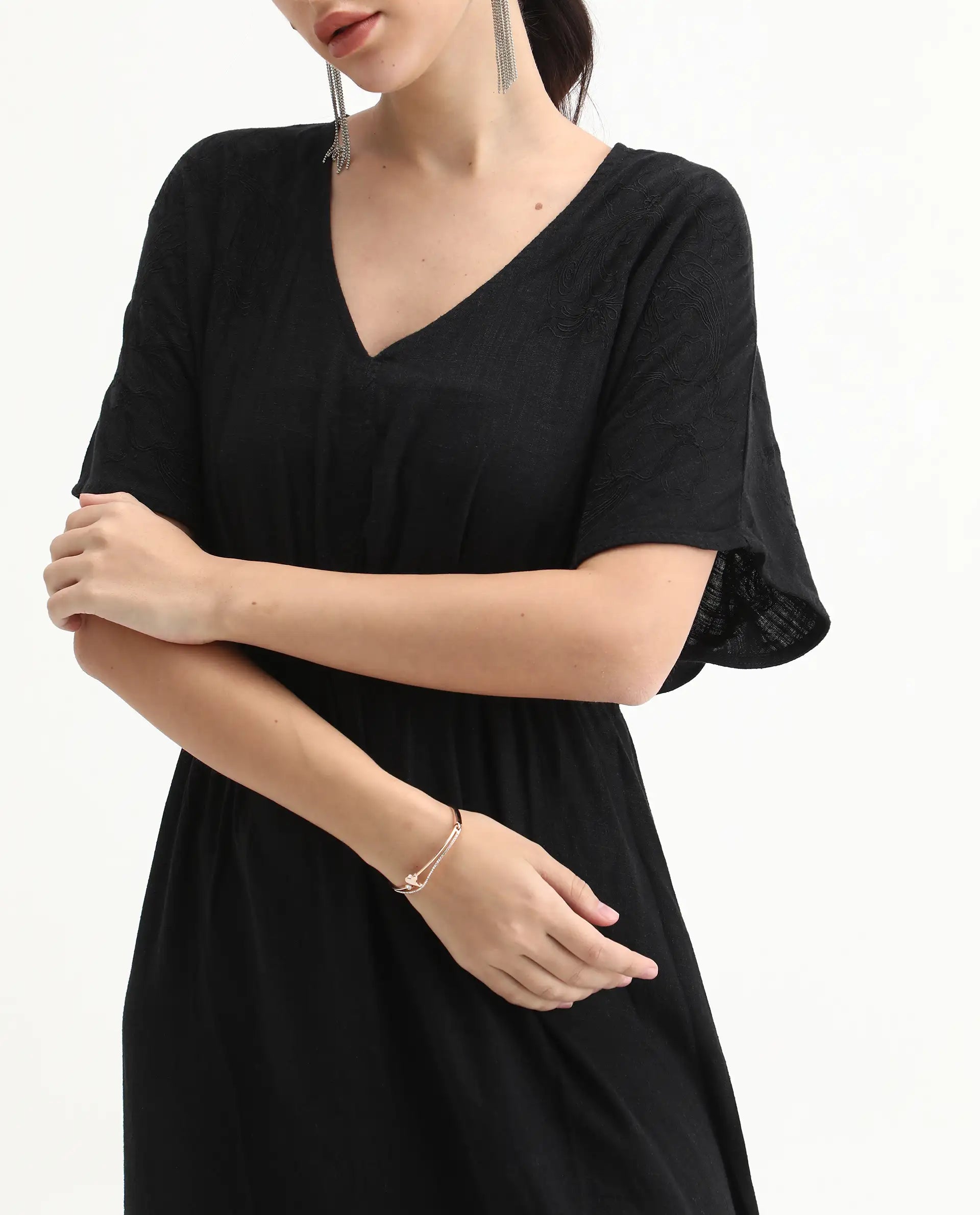 Rareism Women's Flynn Light Black Cotton Blend V-Neck Plain Extended Sleeves Maxi Fit And Flare Dress