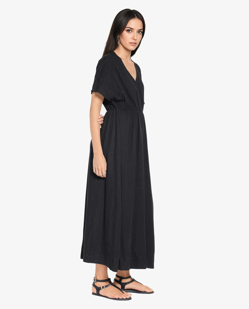 Rareism Women Flynn Light Black Cotton Linen Fabric Solid Relaxed Fit Ankle Length Dress