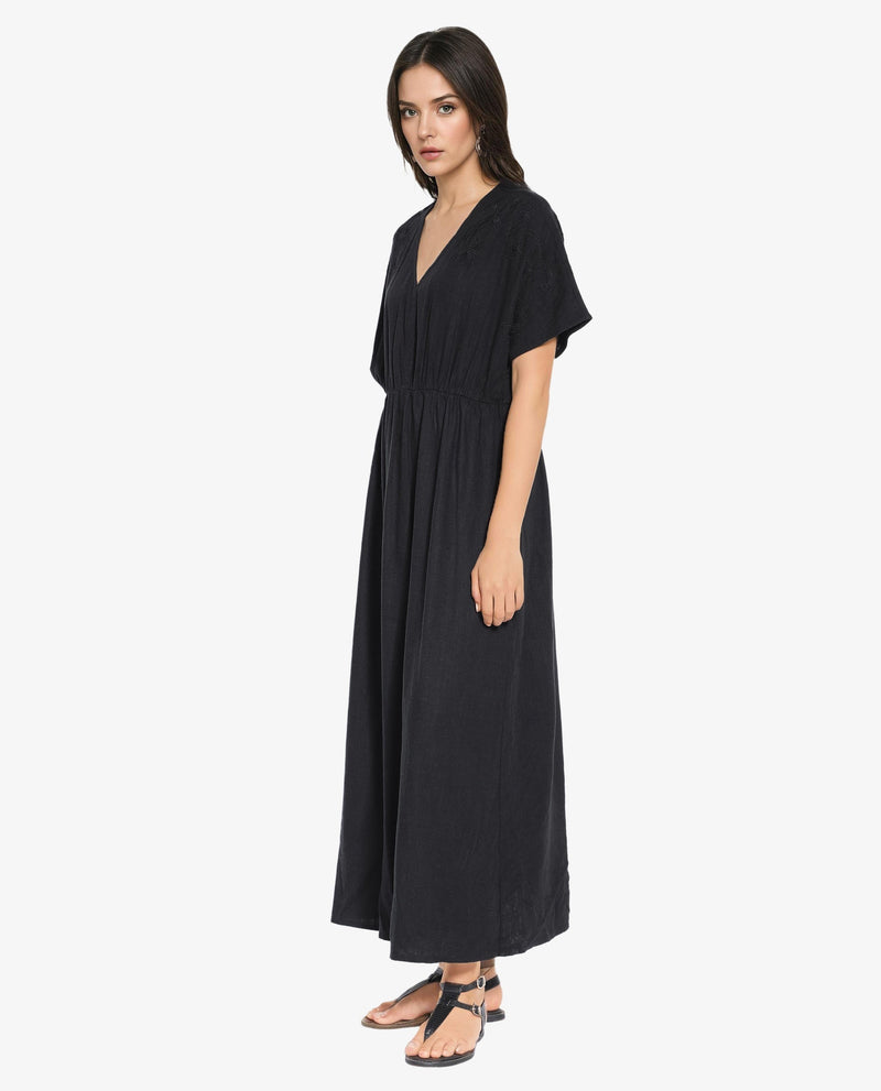 Rareism Women Flynn Light Black Cotton Linen Fabric Solid Relaxed Fit Ankle Length Dress