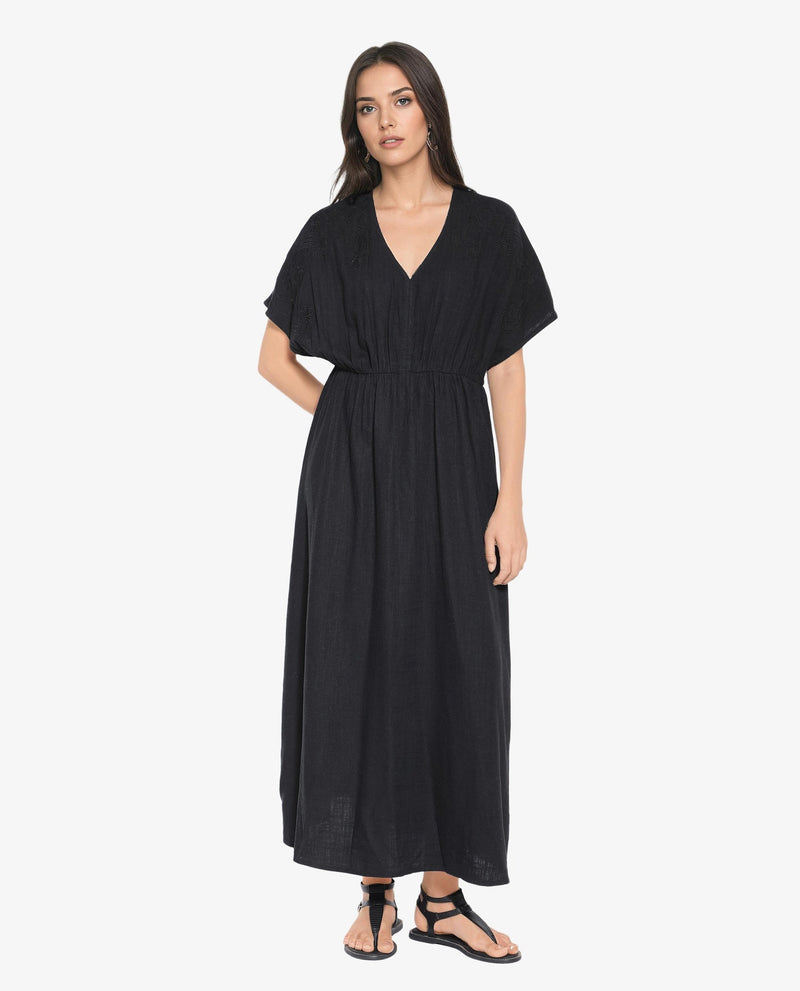 Rareism Women Flynn Light Black Cotton Linen Fabric Solid Relaxed Fit Ankle Length Dress