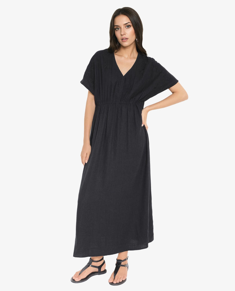 Rareism Women Flynn Light Black Cotton Linen Fabric Solid Relaxed Fit Ankle Length Dress