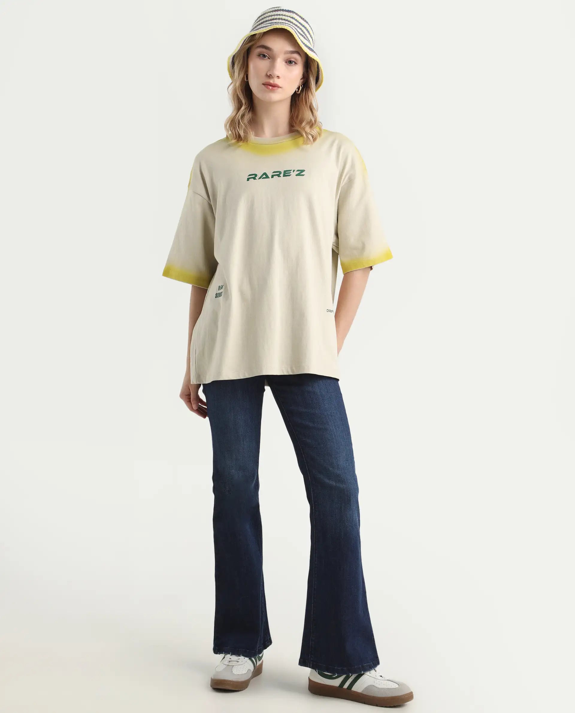 Rareism Women's Foakoe Beige Cotton Graphic Print Oversized T-Shirt