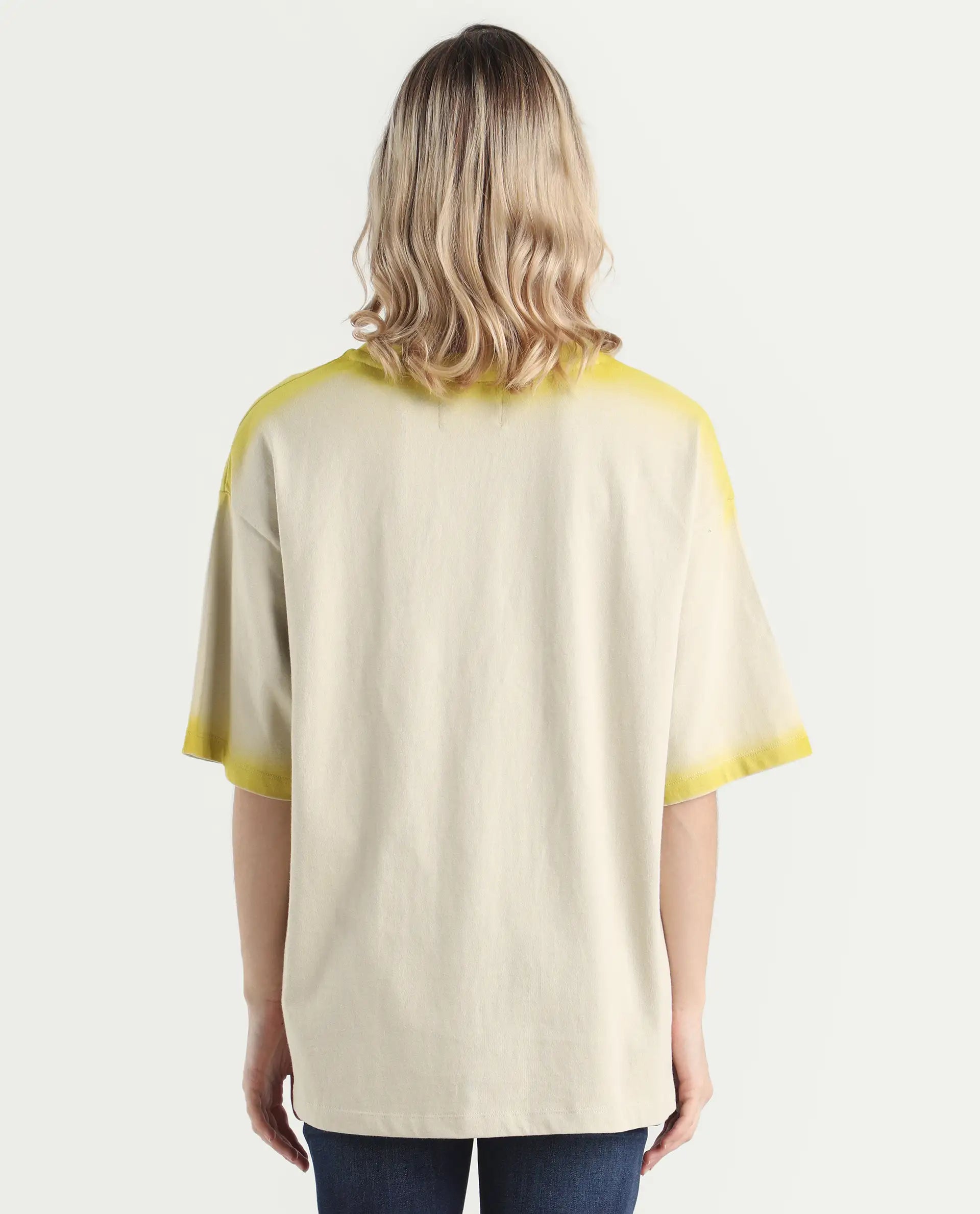 Rareism Women's Foakoe Beige Cotton Graphic Print Oversized T-Shirt