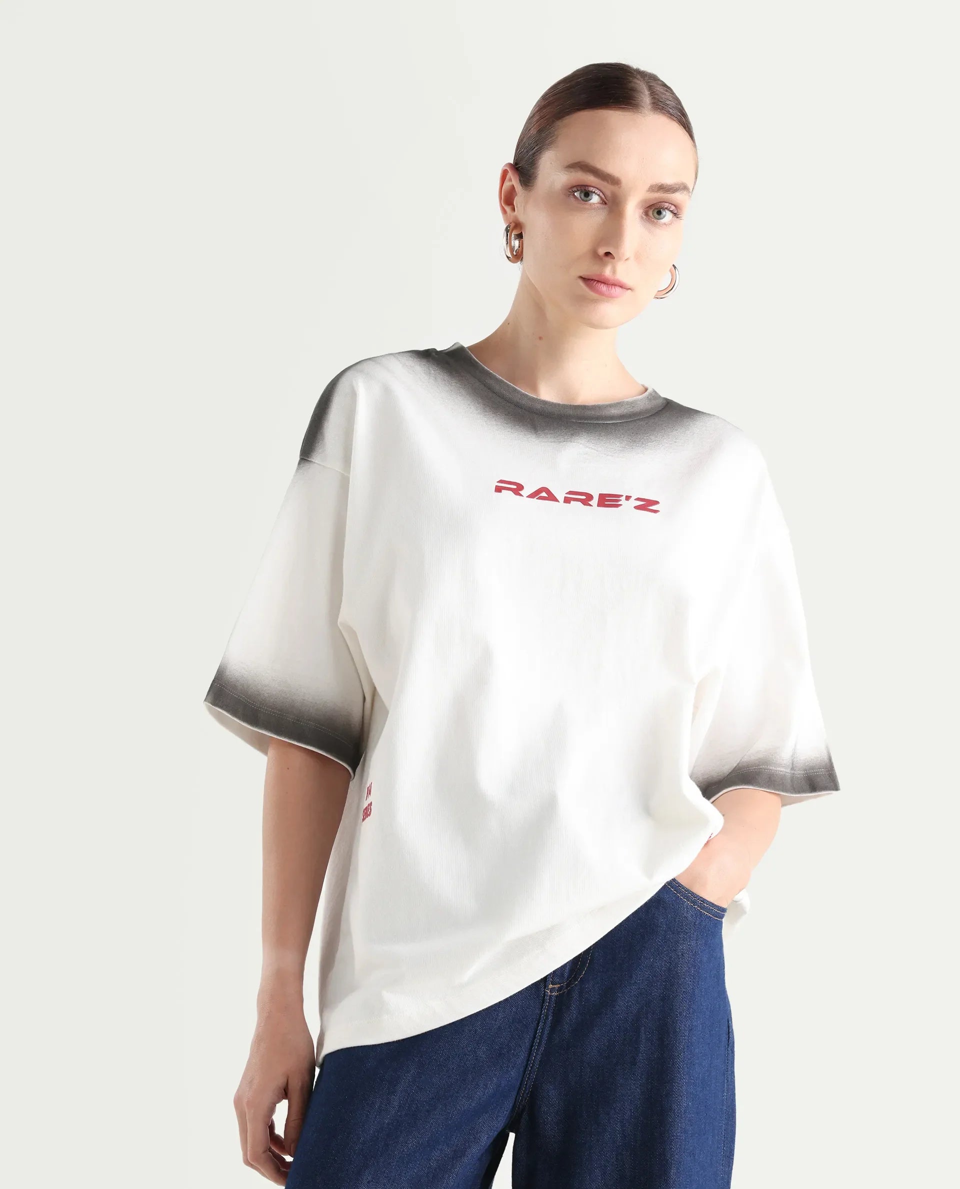 Rareism Women's Foakoe Off White Cotton Graphic Print Oversized T-Shirt