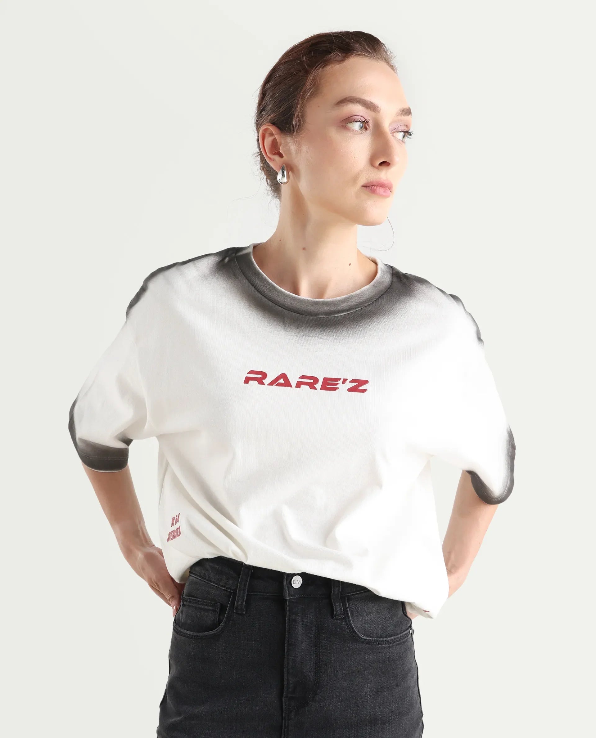Rareism Women's Foakoe Off White Cotton Graphic Print Oversized T-Shirt