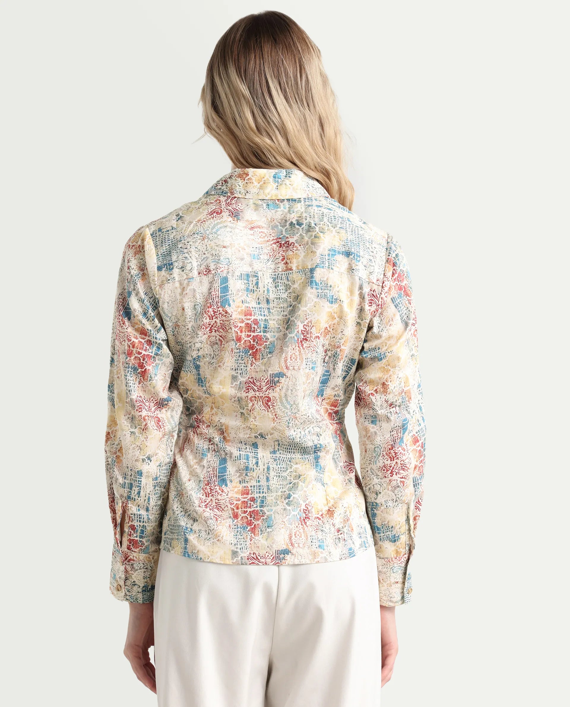 Rareism Women's Foggia Light Multi Cotton Blend Johnny Collar Abstract Print Regular Fit Top